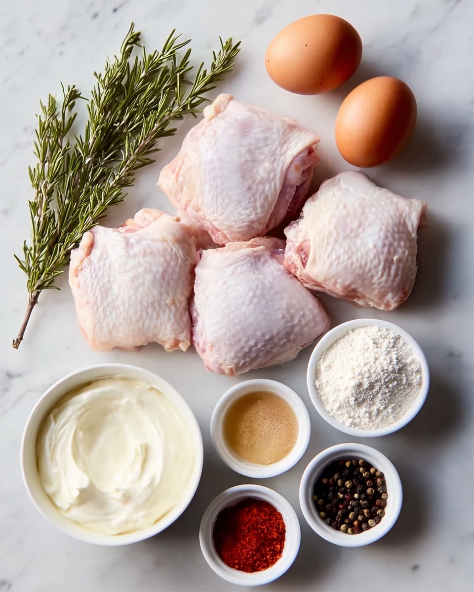 The image shows four pieces of raw chicken thighs with pale pink skin arranged in a square near the center on a white marbled surface. To the left of the chicken, there are two brown eggs placed vertically with two sprigs of fresh green rosemary above them. Below the chicken, there are five small white bowls arranged in a loose semi-circle. From left to right, the first bowl holds a thick white creamy mixture, the second has white flour, the third contains a light brown liquid, the fourth holds red chili powder, and the fifth is filled with whole black peppercorns. The overall display is neat and colorful with natural light. Photo taken with an iphone --ar 4:5 --v 7
