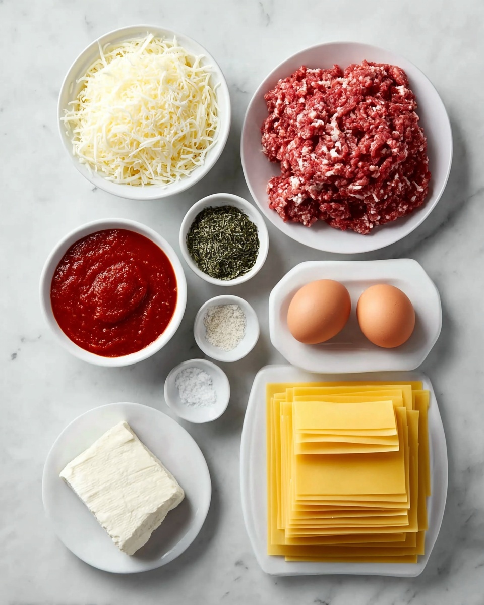 The image shows seven bowls and plates on a white marbled surface, each with different lasagna ingredients. At the top right is a white plate piled with raw ground meat, colored deep red with white fatty specks. To its left, a white bowl holds shredded white cheese with a soft texture. Below that is a bowl filled with a smooth, thick red sauce. Underneath that are two small white bowls, one with mixed green dried herbs, and the other with white salt crystals. At the bottom left, a white plate carries a block of soft, crumbly white cheese. Next to this plate are three brown eggs with smooth shells. To the right of the eggs is a neat stack of square, yellow lasagna pasta sheets, arranged in multiple layers, showing their thin and smooth texture. The photo taken with an iphone --ar 4:5 --v 7