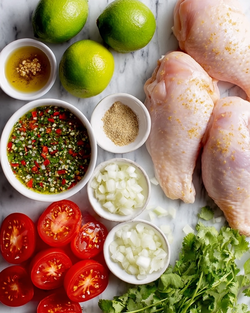 The image shows two raw chicken pieces on the right side, pale pink with small bits of seasoning visible on top. Above them, there are three whole limes, two green and one cut in half showing a fresh juicy interior. To the left of the chicken, there are small white bowls, one filled with a colorful sauce made of finely chopped green herbs, red chili, and garlic in an oily base, one with light brown seasoning powder, and another with salt. Above these bowls, there is a bowl full of small white chopped onions. Below the bowls and chicken, there are bright red tomato halves with visible seeds arranged close to a sprig of fresh green cilantro. The whole scene is set on a white marbled surface photo taken with an iphone --ar 4:5 --v 7