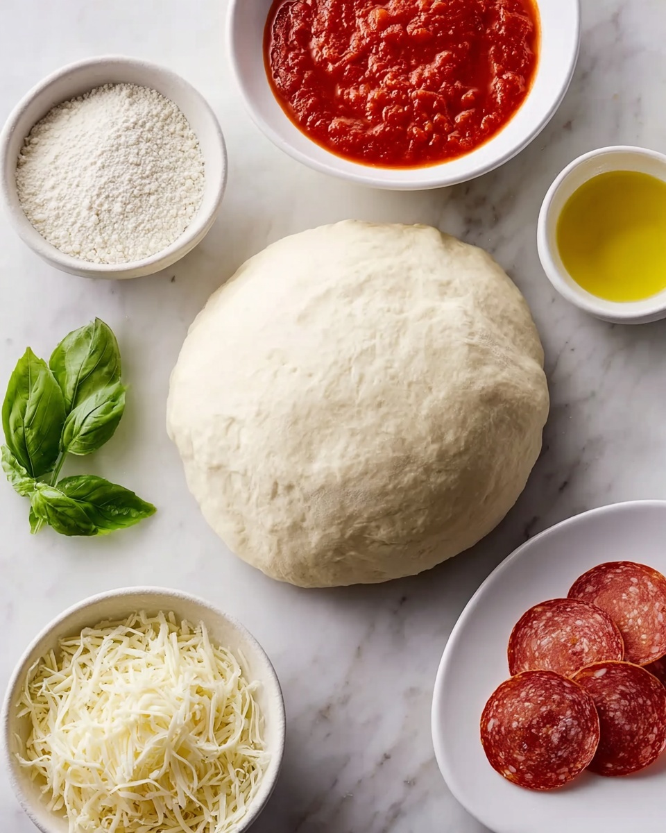 The image shows ingredients for making pizza, placed on a white marbled surface. In the middle is a round ball of stretched dough with a smooth, slightly bumpy texture and pale cream color. Around it are small white bowls with different ingredients: one bowl holds white flour grains, another contains golden-yellow olive oil with a shiny surface, and a third bowl is filled with bright red tomato sauce that has a chunky texture. A small green sprig of fresh basil leaves is placed next to the tomato sauce bowl. Below the dough, on the left side, there is a bowl of shredded white cheese, and to the right, a white plate holds several round slices of reddish-brown pepperoni with visible fat specks. The layout is neat and focused on the ingredients. photo taken with an iphone --ar 4:5 --v 7