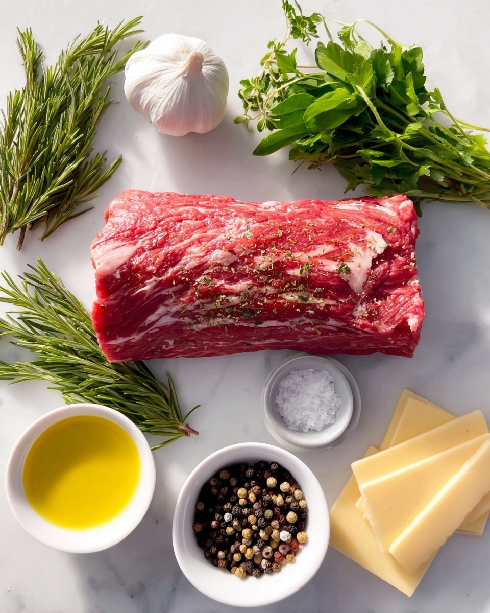 A rectangular piece of seasoned raw red beef with white marbling sits on a white marbled surface. Around the beef, there are fresh green herbs including rosemary and another leafy herb. To the top right of the beef is a whole garlic bulb. Near the beef are small white bowls with black and white peppercorns, yellow oil, and coarse white salt. There are also thin slices of pale yellow cheese next to the beef. photo taken with an iphone --ar 4:5 --v 7