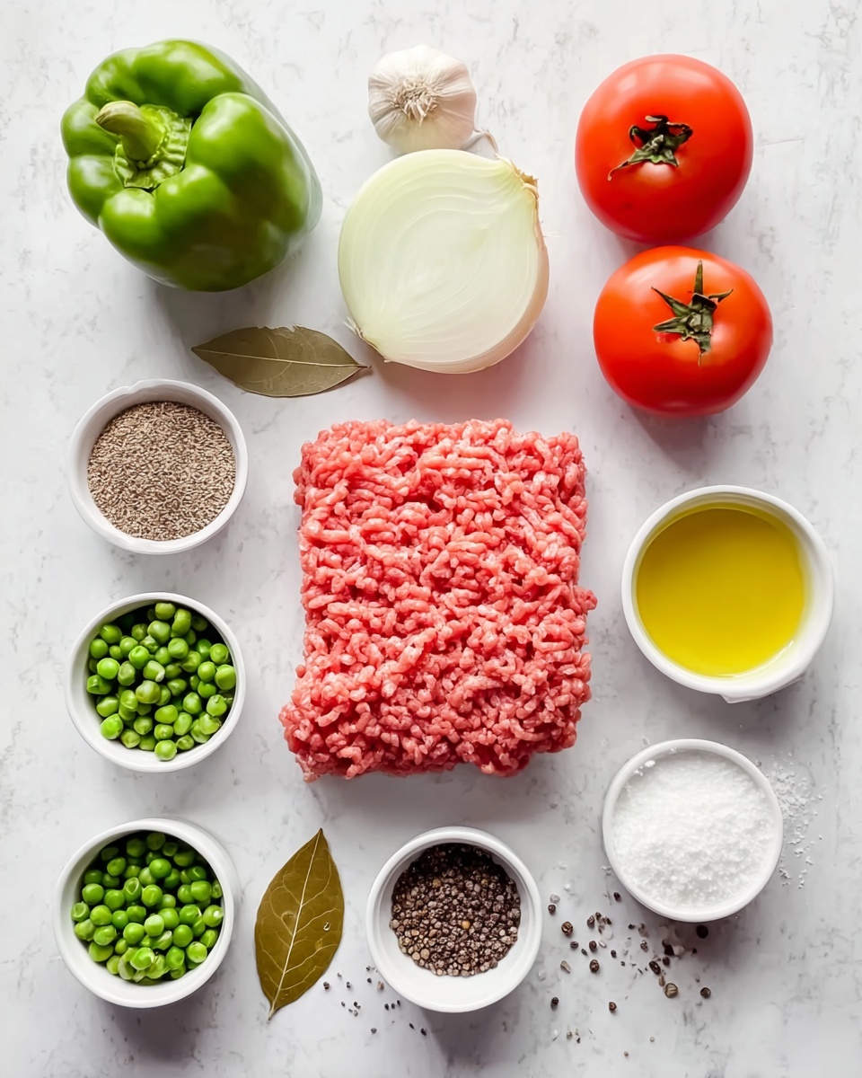 The image shows fresh ingredients arranged neatly on a white marbled surface. In the center, there is a thick layer of raw ground meat in a bright pink color with a slightly rough texture. Surrounding it are whole vegetables and small white bowls: two red tomatoes with smooth skin placed at the top right, a green bell pepper with a shiny smooth surface at the top left, a white onion cut in half on the right side, a full garlic bulb and a single garlic clove near the top center, and a bay leaf with a matte green color below the onion. There are five small white bowls spread around containing dried herbs, salt, chopped white onion, bright green peas, a mixture of brown spices, black and white peppercorns, and a yellow liquid that looks like oil. The composition is clean and well-organized with natural colors. photo taken with an iphone --ar 4:5 --v 7