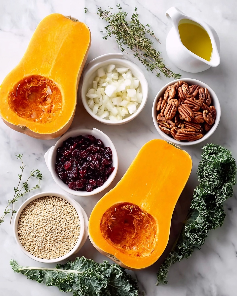 The image shows two halves of bright orange butternut squash with hollow centers, placed on a white marbled surface. Surrounding the squash are five white bowls arranged around the squash halves: one bowl filled with small white quinoa grains, one with dark red dried cranberries, one with chopped white onions, one with brown pecans, and a small white jug with yellow olive oil. There are also fresh green kale leaves and a sprig of thyme on the surface, adding green color and texture. The overall layout is clean and organized, with a fresh and natural look. photo taken with an iphone --ar 4:5 --v 7