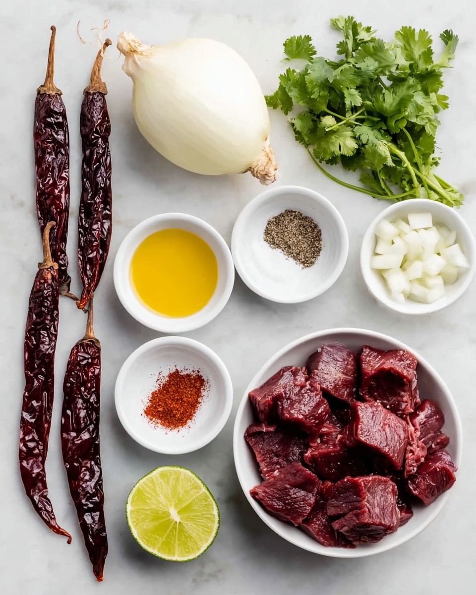 The image shows an arrangement of ingredients on a white marbled surface. There are three long, dark red dried chilies placed vertically on the left side. Next to them is a whole white onion at the top, with a small bunch of fresh green cilantro just below it. To the right, four small white bowls are neatly placed. The top bowl contains golden yellow oil, the middle bowl holds ground black pepper, the smaller bowl below it has a mix of red chili powder and salt, and the bottom bowl is filled with diced white onions. At the right side, a larger white bowl is full of dark red raw beef chunks. At the bottom right corner, there is a half lime with a bright green peel and light green inside, and near the bowls, a whole bulb of garlic is placed. Photo taken with an iphone --ar 4:5 --v 7