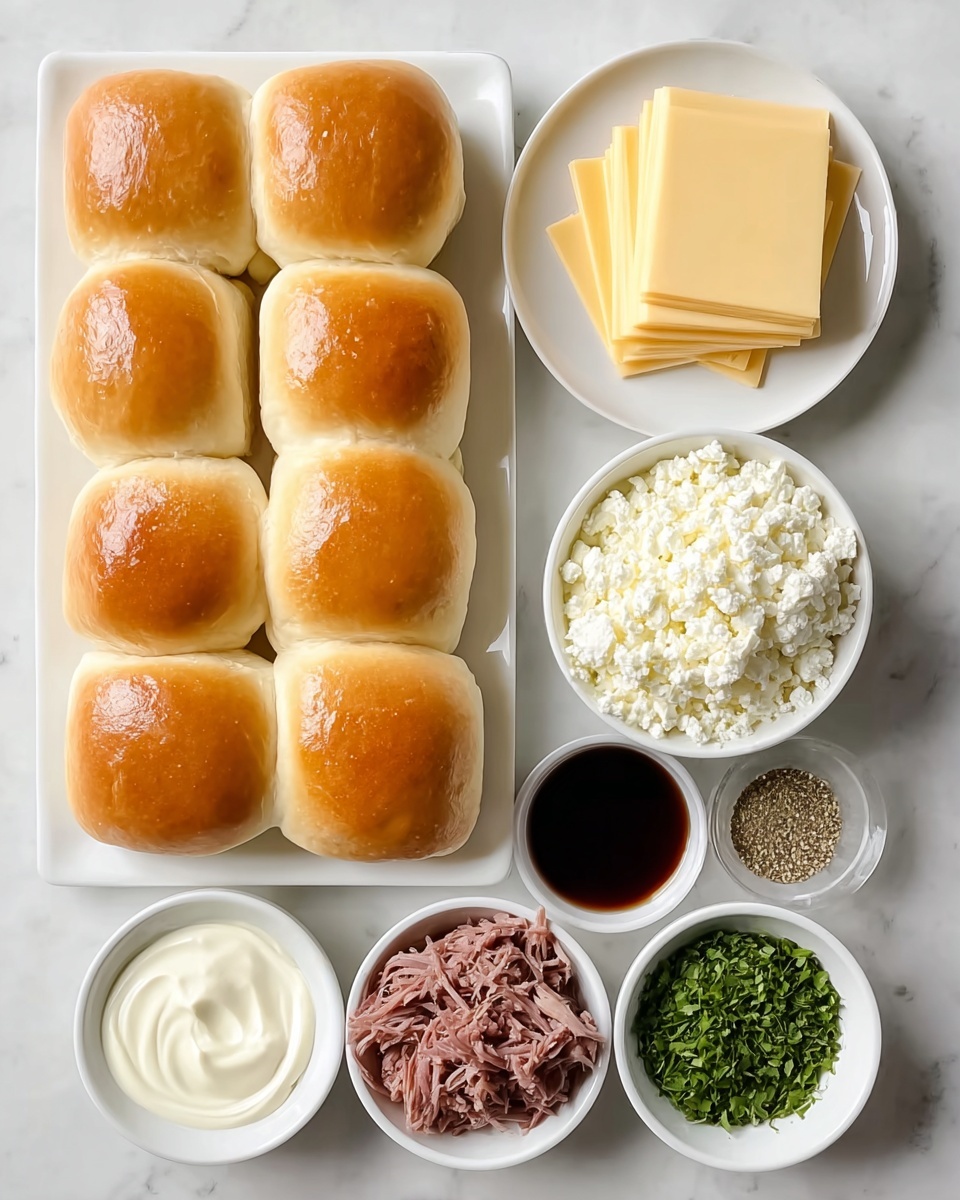 The image shows meal ingredients neatly arranged on a white marbled surface. At the bottom left, there is a group of nine soft golden-brown dinner rolls with a shiny top, arranged in three rows of three. Above the rolls, on a white plate, are light yellow slices of cheese stacked evenly in two neat piles. To the right of the cheese is a white bowl filled with crumbly white cottage cheese. Below the cottage cheese, in smaller white bowls, are shredded cooked meat with brown and reddish tones, creamy white mayonnaise with a smooth texture, a dark soy-like sauce, small green dried herbs, and a mix of coarse salt and pepper. The arrangement is clean and evenly spaced, suggesting preparation for a meal. Photo taken with an iphone --ar 4:5 --v 7