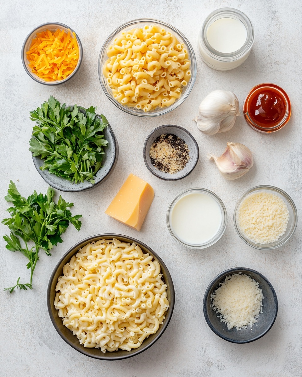 The dish shows a close-up of baked pasta in a white bowl, with a rich layer of golden-brown melted cheese on top. The pasta pieces are tube-shaped and covered with browned bits of cheesy topping, giving a slightly crispy texture. There are also small bits of green herbs sprinkled across the top, adding a splash of color. The cheese looks creamy and smooth in some areas while bubbly and toasted in others, filling in the gaps between the pasta. The white bowl contrasts with the warm, golden colors of the pasta and cheese, and the background is a white marbled texture. photo taken with an iphone --ar 4:5 --v 7