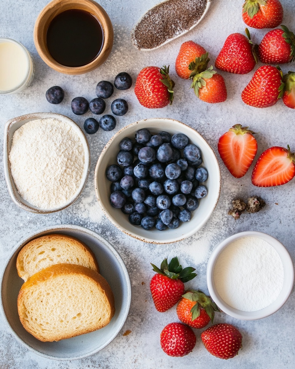 A close-up image of a white rectangular baking dish filled with a layered dessert made of toasted bread pieces covering the entire surface. Mixed inside are sliced red strawberries and whole dark blue blueberries, scattered evenly. The bread pieces are golden brown with a crispy texture. A light dusting of powdered sugar covers the top, adding a slight snowy effect. The dish is placed on a gray striped cloth over a white marbled surface. photo taken with an iphone --ar 4:5 --v 7