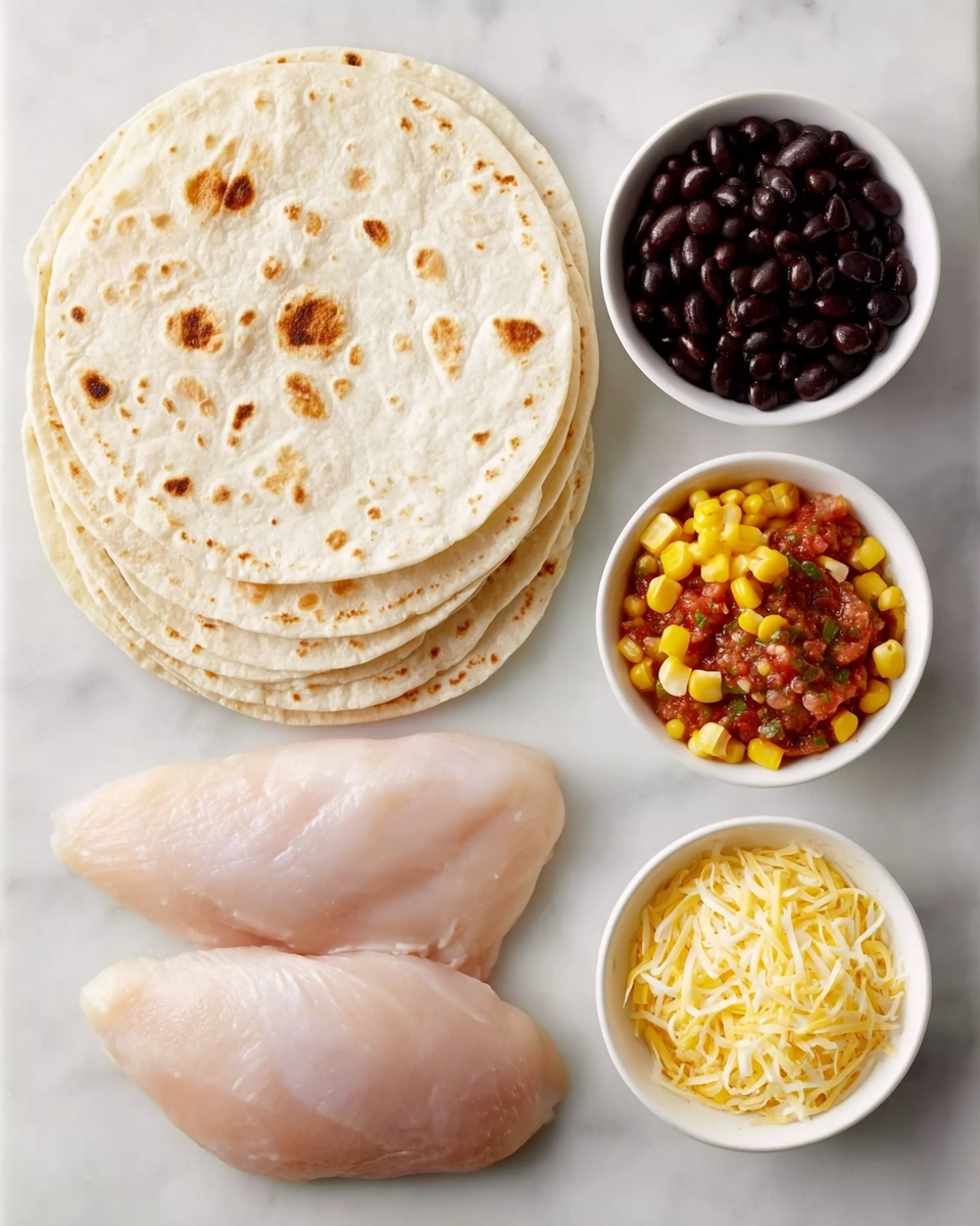 A set of fresh ingredients arranged on a white marbled surface includes a stack of soft, light beige tortillas with subtle brown spots on the top left, two smooth, pale pink raw chicken pieces below the tortillas, and four small white bowls lined vertically on the right side. The top bowl holds dark black beans with a glossy texture, the second bowl contains a chunky red salsa with green and orange bits, the third bowl is filled with bright yellow corn kernels, and the bottom bowl shows a heap of finely shredded pale yellow cheese. photo taken with an iphone --ar 4:5 --v 7