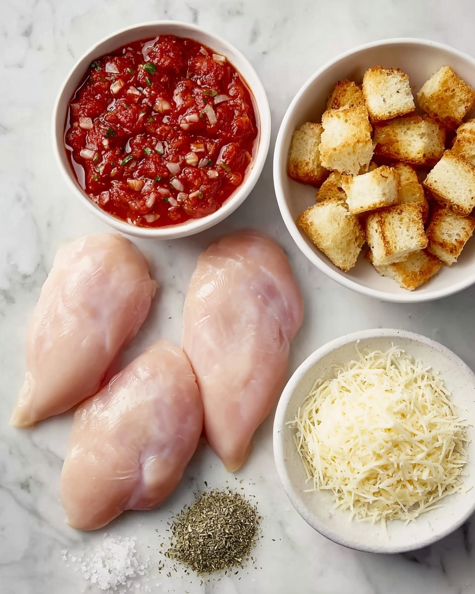 The image shows three pieces of raw chicken placed side by side on a white marbled surface, each having a smooth and shiny pale pink color. On the top left, there is a white bowl filled with chunky red tomato sauce, speckled with green herbs and small bits of garlic. Next to it, on the right, another white bowl holds golden-brown toasted bread cubes with a crunchy texture. Below the chicken, there is a small pile of dried green herbs and coarse salt on the marble surface. At the bottom right, a white bowl is filled with shredded white cheese, finely grated and fluffy in texture. Photo taken with an iphone --ar 4:5 --v 7