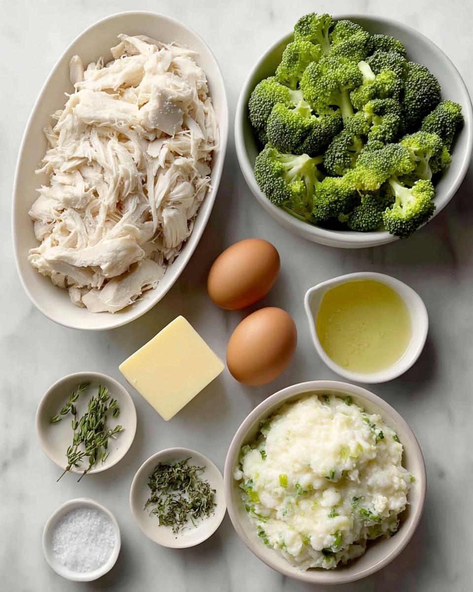 The image shows several white bowls and small white dishes arranged on a white marbled surface. The largest oval bowl in the top left is filled with shredded white chicken meat. To the right, a round bowl holds bright green broccoli florets. Below the broccoli, a small square piece of yellow butter sits next to a small dish of dried herbs. Below the chicken, two brown eggs are placed side by side. There are three small round dishes scattered around: one contains white salt crystals with a green herb sprig on top, another has a mixture of fresh green herbs, and the third holds a light yellow liquid with small green bits. At the bottom right, a round bowl is filled with light, fluffy white and green textured food. photo taken with an iphone --ar 4:5 --v 7