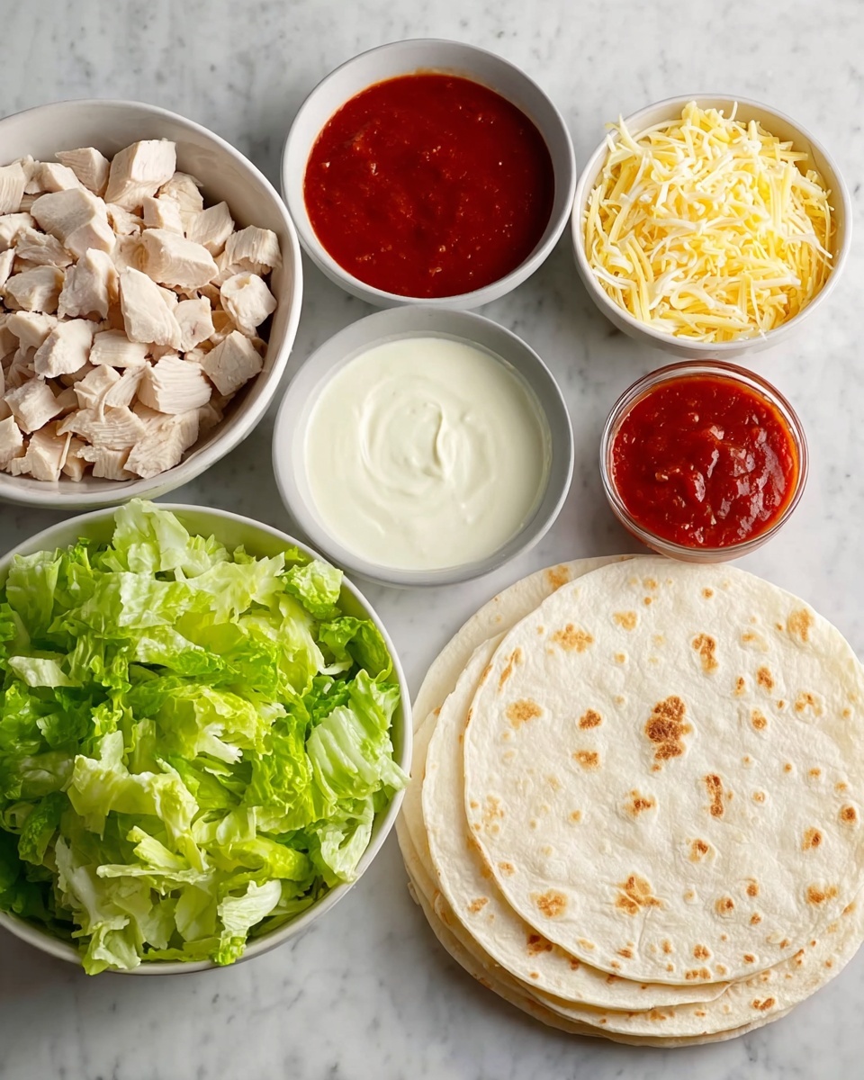 The image shows five white bowls and a stack of four soft flour tortillas on a white marbled surface. One bowl holds chopped cooked chicken pieces, pale and light beige in color, piled high. Another bowl is filled with bright red sauce, smooth and thick. A third bowl contains a creamy white sauce with a silky texture. The fourth bowl is full of shredded yellow and white cheese, finely grated. Next to the bowls is a pile of fresh, chopped green lettuce with crisp leaves. The tortillas are stacked with slight brown spots, soft and round, positioned to the right side of the arrangement. Photo taken with an iphone --ar 4:5 --v 7