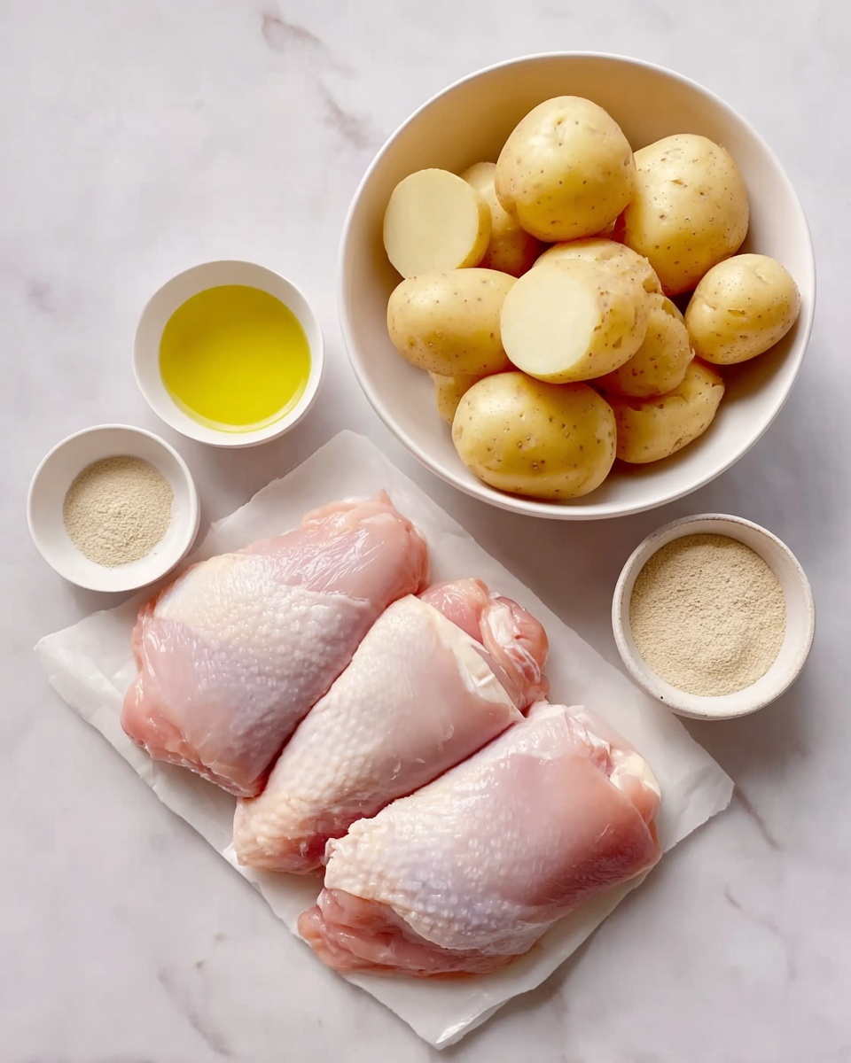 The image shows three pink raw chicken pieces with a slight white fat layer resting on a white marbled surface in the bottom right. Above and to the right is a white bowl filled with small yellow potatoes, some whole and some cut to show a smooth creamy inside. To the left of the potatoes are two small white bowls; one holds a light yellow oil, and the other contains a fine beige powder. The scene has soft, natural lighting, highlighting the fresh and clean look of the ingredients. photo taken with an iphone --ar 4:5 --v 7