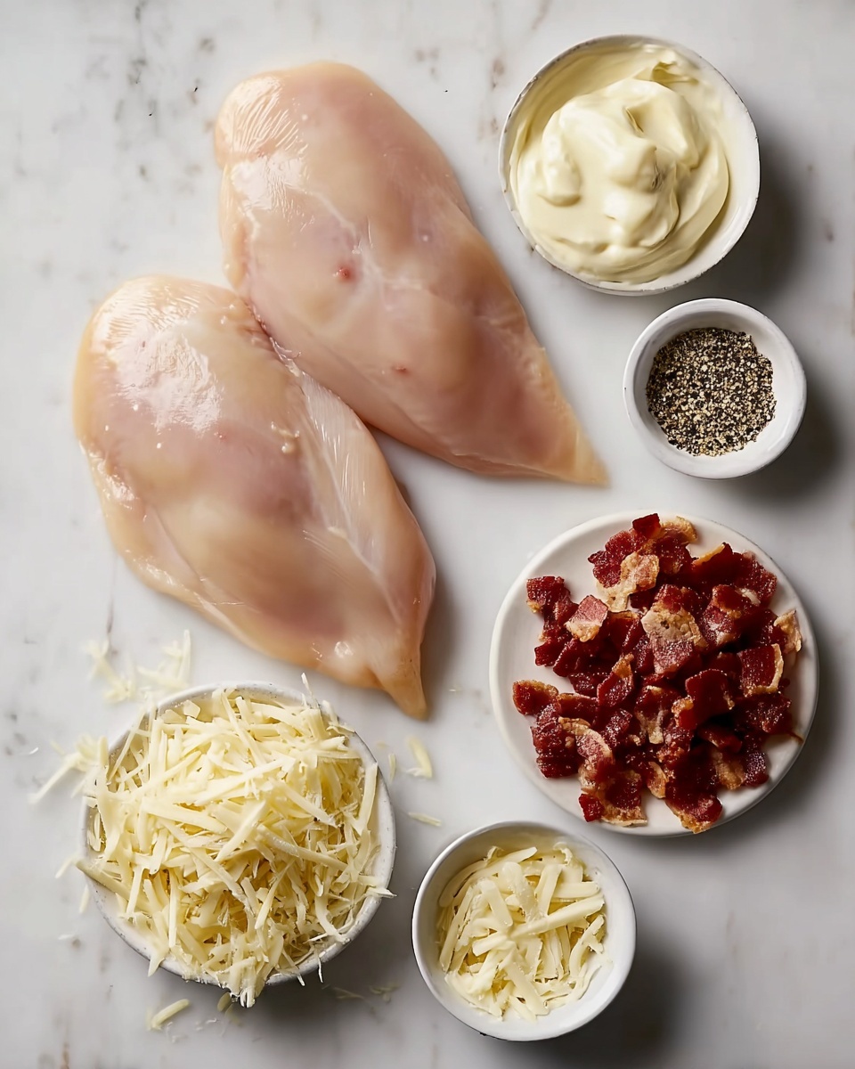 The image shows two raw chicken breasts placed on a white marbled surface, surrounded by small white bowls filled with different ingredients. At the top middle, there is a bowl of creamy mayonnaise, next to it on the right is a bowl with ground black pepper, and below that, a bowl with garlic powder. Below the chicken breasts are shredded cheese in a small pile and crispy, chopped bacon pieces. The colors include pale pink from the raw chicken, creamy white from the mayonnaise and garlic powder, dark brown from the bacon, and black specks from the ground pepper. photo taken with an iphone --ar 4:5 --v 7