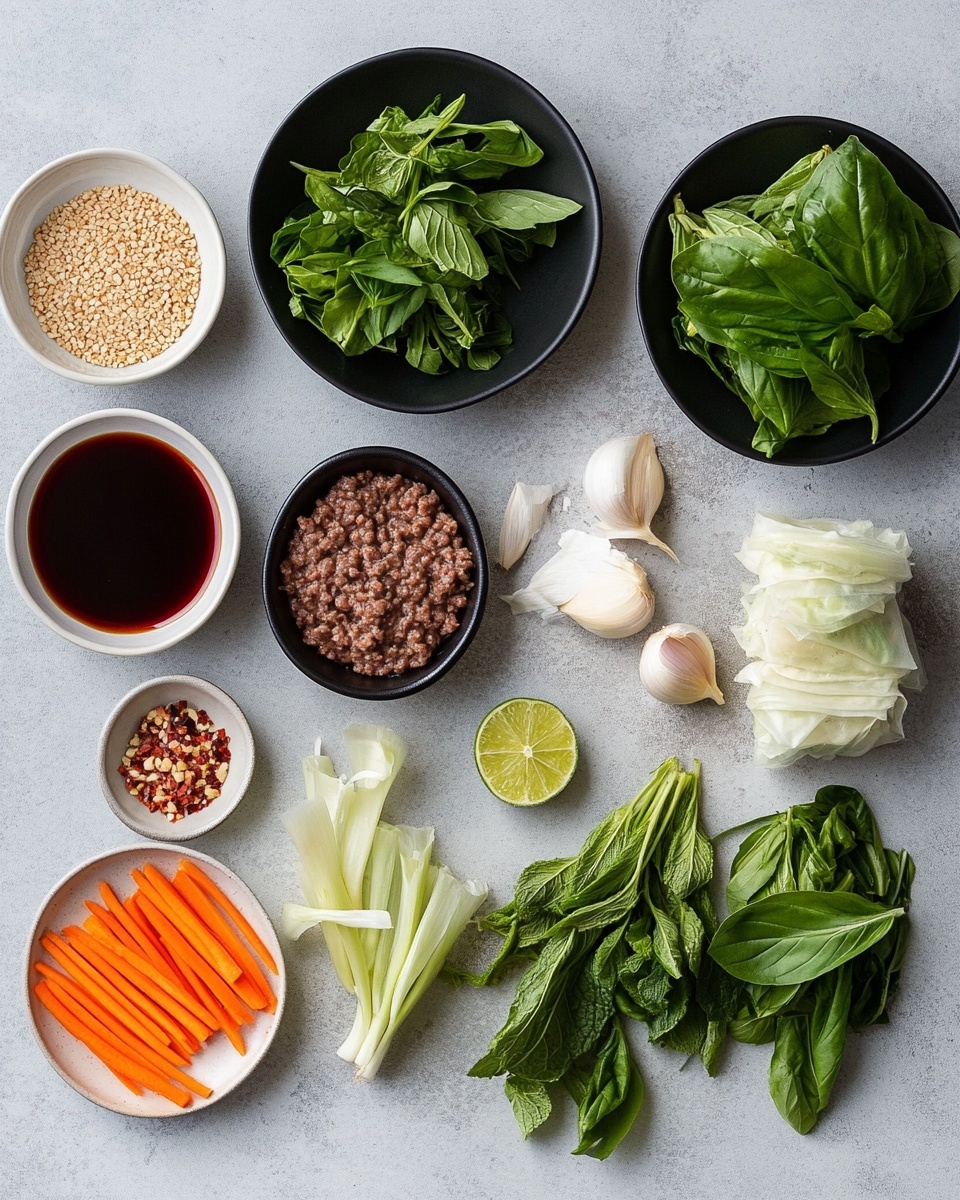 The image shows a wooden tray filled with several pieces of spring rolls, each wrapped in a translucent rice paper that reveals layers of dark brown cooked meat, bright green leafy vegetables, and small bits of red chili. The spring rolls are arranged closely together in rows. On the right side of the tray, there is a small white bowl of brown dipping sauce, sprinkled with white sesame seeds and small bits of red and green chili. Behind the bowl, there are wedges of lime and fresh green herbs. The tray sits on a white marbled surface. Photo taken with an iphone --ar 4:5 --v 7