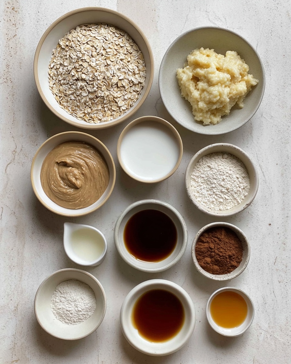 The image shows a top view of 15 small white bowls arranged neatly on a surface with a white marbled texture. The largest bowl in the top left is filled with light beige rolled oats, next to it on the right is a smaller bowl with mashed banana, creamy and lumpy with a pale yellow color. Next to the banana on the right is a bowl with a smooth white liquid, possibly a milk or plant-based milk. Below the oats, there is a medium bowl containing a thick, light brown creamy paste, and next to it on the right is a smaller bowl with a thinner beige liquid. Below these, a bowl contains a dark brown rich coffee or espresso liquid with a slight foam ring around the edge. To the right, a medium-sized bowl is filled with a clear brown syrup. Below the thick light brown paste, there is a bowl with cocoa powder, dark brown and powdery. Beside it is a bowl of light beige flour, fine and powdery. Below the coffee, a smaller bowl holds a dark amber liquid, likely vanilla or soy sauce. Next to it, a medium bowl contains golden honey or syrup with a smooth surface. On the bottom left, three tiny bowls contain white powders: baking soda, baking powder, and salt, all fine and powdery. The largest bowl on the bottom right is filled with thick white yogurt or sour cream, smooth and creamy with visible swirls on the surface. The bowls are arranged in a casual grid pattern, creating a neat and organized look. Photo taken with an iphone --ar 4:5 --v 7