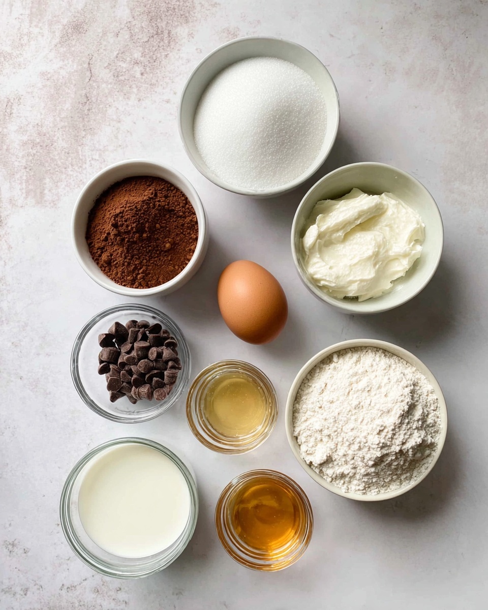 The image shows a simple flat lay of baking ingredients on a white marbled surface, with seven items arranged loosely in three rows. At the top center, there is a white bowl filled with fine white sugar, next to an brown egg on the right. Below the egg, there is a small clear glass bowl with dark chocolate chips. To the left of the egg and chocolate chips, a white bowl filled with cocoa powder sits next to a similar-sized white bowl with flour. In the center bottom, a larger clear glass bowl contains a white creamy ingredient, probably yogurt or sour cream. On the bottom left, a smaller clear glass bowl holds a white liquid, likely milk, and to the right of it is a small clear glass bowl filled with a light golden liquid, probably honey or syrup. Photo taken with an iphone --ar 4:5 --v 7