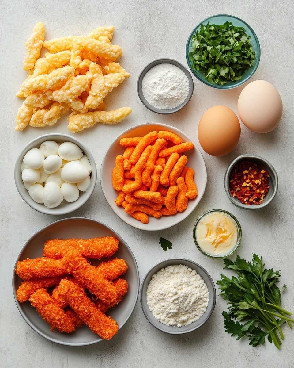The image shows several crispy red mozzarella sticks with a crunchy texture, stacked closely together on a white plate. One mozzarella stick is broken open, revealing melted white cheese slowly stretching out. There is a small metal cup with creamy white dipping sauce on the left side of the plate. The plate rests on a white marbled surface. The colors mainly include vibrant red from the mozzarella sticks, creamy white from the cheese and sauce, and a metallic shine from the cup. The photo shows a close-up view with sharp texture details. photo taken with an iphone --ar 4:5 --v 7