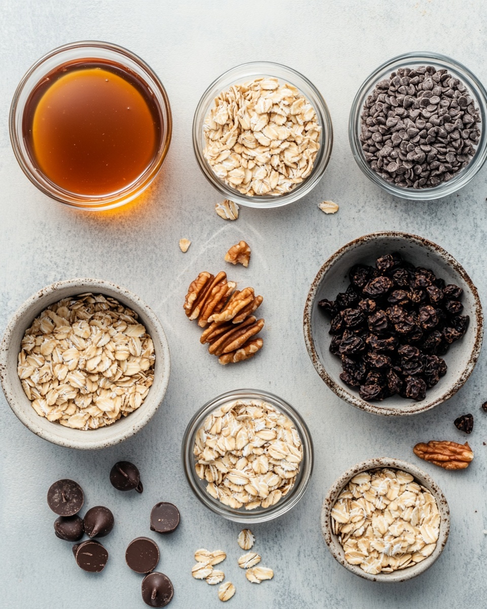 Two square oat bars stacked on top of each other on white parchment paper over a white marbled surface; each bar has three visible layers—a bottom and middle dense layer filled with dark chocolate chips and white nuts, and a top layer covered with shiny oats and drizzled caramel or honey, decorated with larger dark chocolate drops spaced evenly on top; the oats show a rough texture while the chocolate chips add dark spots and contrast; extra chocolate chips scattered on the marble surface near the bars; photo taken with an iphone --ar 4:5 --v 7