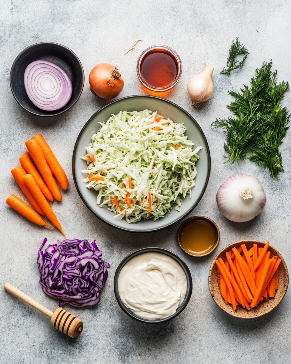 The image shows a close-up of a glass jar filled with colorful coleslaw. The visible layers include shredded white cabbage, thin orange carrot strips, and thin slices of purple cabbage, mixed together and topped with a few slices of green pickles. The coleslaw is sprinkled with small red chili flakes and some black pepper seeds, adding texture and color contrast. The jar is placed on a wooden surface with a blurred white marbled background and another jar in the distance. The overall look is fresh and vibrant, with a mix of creamy and crunchy textures. Photo taken with an iphone --ar 4:5 --v 7