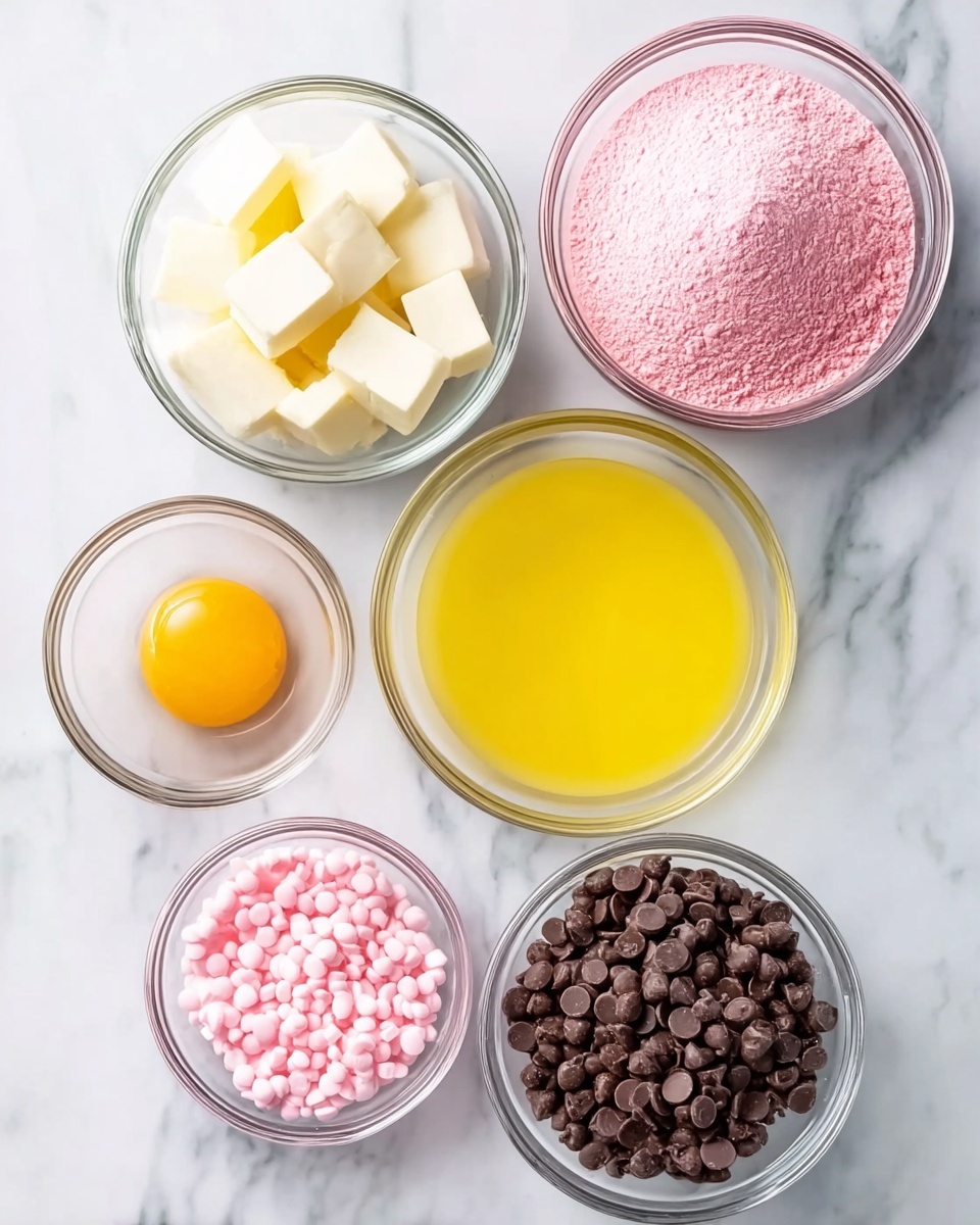 A white marbled surface holds seven clear glass bowls arranged loosely in a circle, each with different baking ingredients: one bowl at the top holds a fine bright pink powder, next to it on the right is a larger bowl filled with a light pink powder, below that is a bowl full of shiny dark brown chocolate chips. To the left of the chocolate chips is a bowl with white solid cubes of butter. Above the butter bowl is a medium-sized bowl with a smooth pool of bright yellow melted butter or oil. On the left side of the circle placed slightly below the pink powder bowl is a smaller bowl filled with small pale pink candy pieces, and at the bottom left is a clear bowl with a whole raw egg, showing the bright yellow yolk and clear egg white inside. photo taken with an iphone --ar 4:5 --v 7