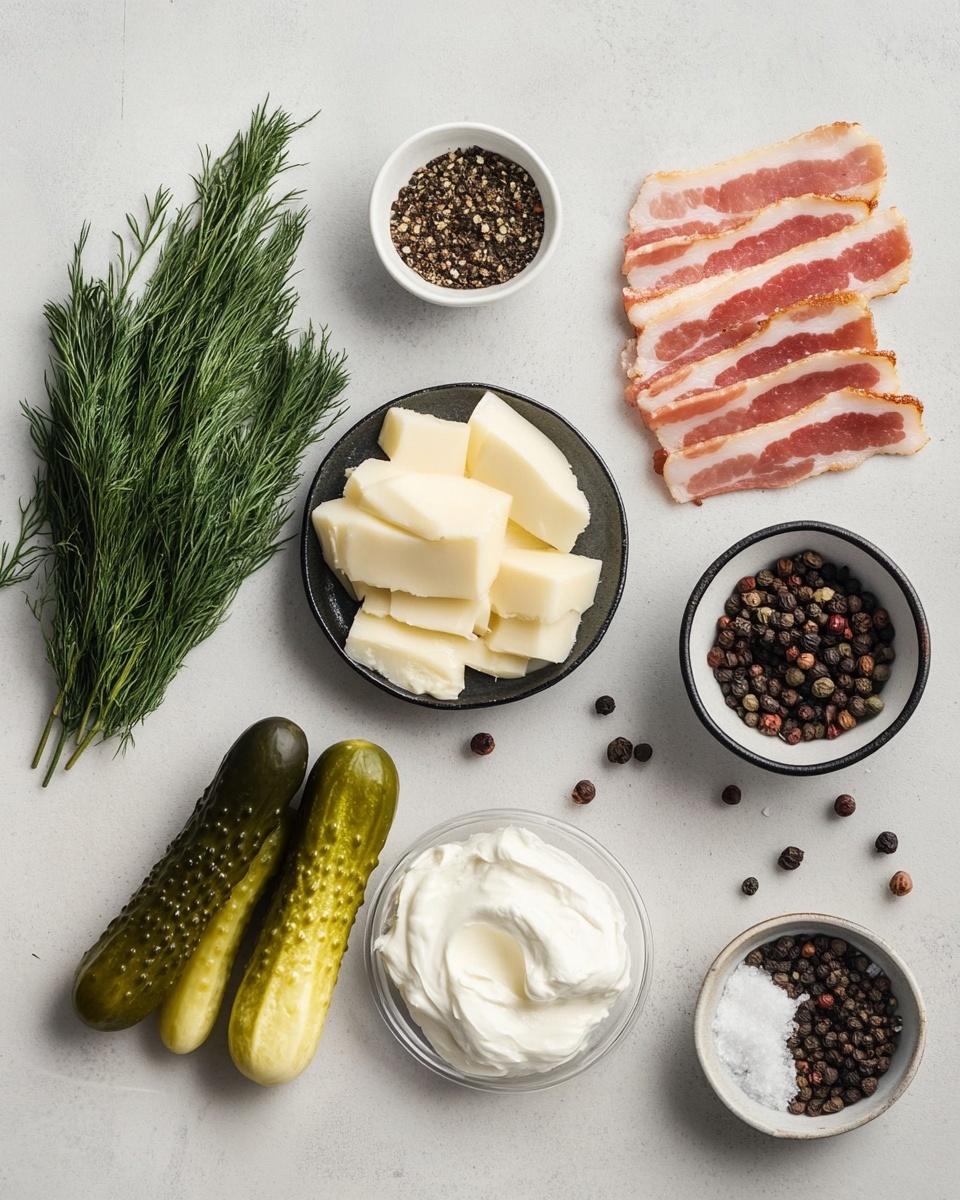 The image shows eight jalapeño peppers wrapped in crispy, golden-brown bacon, with some creamy filling visible at the open ends of the peppers. These bacon-wrapped jalapeños are arranged on white parchment paper on a black round plate, which sits on a round wooden board. A small white bowl with green herb garnish holds a white dipping sauce on the plate. In the background, there is a white bowl filled with whole pickles on a white marbled surface along with a white plate with two silver forks on the right side. Photo taken with an iphone --ar 4:5 --v 7