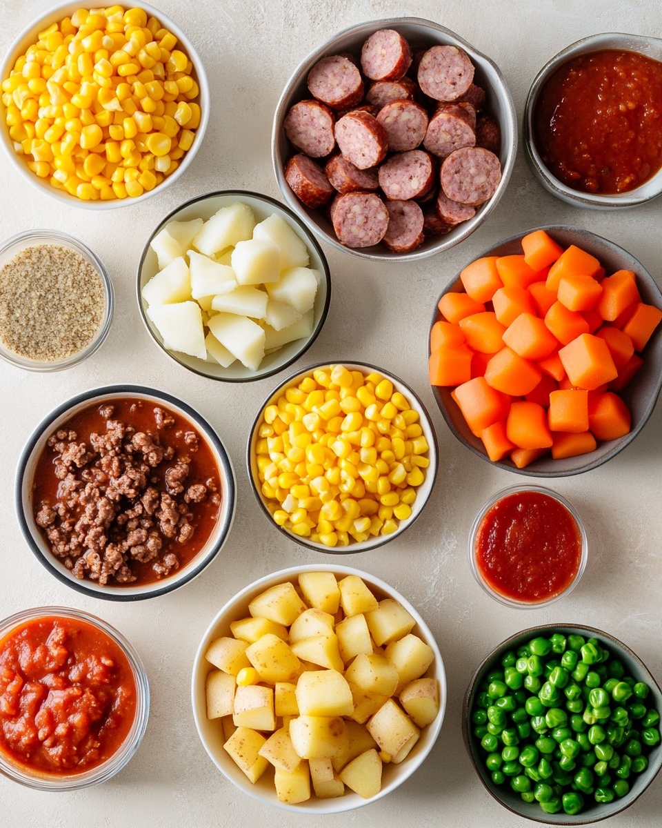 A white pot filled with a colorful stew containing three main layers: the top layer shows chunks of light yellow potatoes, green peas, and orange carrots mixed with brown beans, sliced red sausages, and browned ground meat pieces in a rich, reddish-brown broth. A wooden spoon rests inside the pot, partially scooping the stew, showing the mix more closely. Around the pot, there is a stack of slices of white bread on a white marbled surface on the right, a small white plate with bread and a spread on the top left, and salt and pepper shakers near the plate. To the bottom left, a black and white zigzag patterned cloth is partly visible, and at the bottom right, a small white bowl holds two silver spoons. photo taken with an iphone --ar 4:5 --v 7