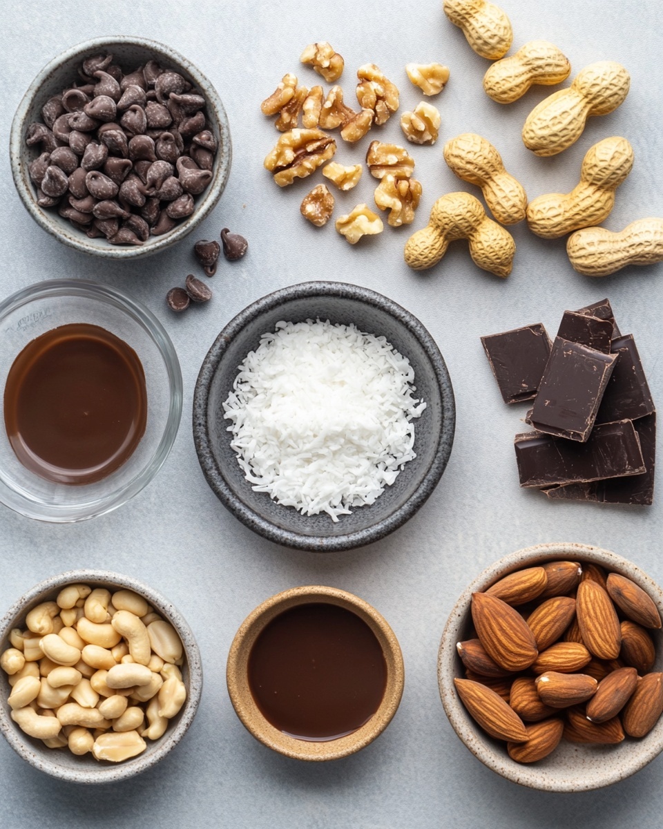 The image shows several square pieces of chocolate dessert arranged closely on a white marbled surface. Each piece has one visible layer that is thick and dense with a rough texture. The chocolate layer has small chunks mixed with white flakes or bits evenly spread on top, giving a contrast of dark brown and white colors. The edges of the pieces are sharp and clean, showing a solid yet soft consistency. The overall look is rich and textured with a mix of smooth chocolate and crunchy white bits photo taken with an iphone --ar 4:5 --v 7
