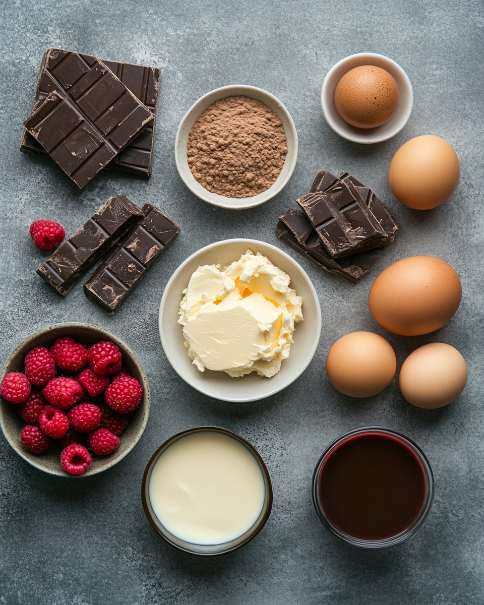 A slice of dessert with three main layers is shown on a white plate with a gold rim, placed on a white marbled surface. The bottom layer is dark brown and crumbly, forming a firm base. The middle layer is thick, smooth, and bright pink, looking creamy and soft. The top layer is a shiny, dark chocolate sauce that drips slightly down the sides. On top, several fresh red raspberries are arranged, along with two small chunks of dark chocolate, adding a fresh and rich look to the slice. Photo taken with an iphone --ar 4:5 --v 7