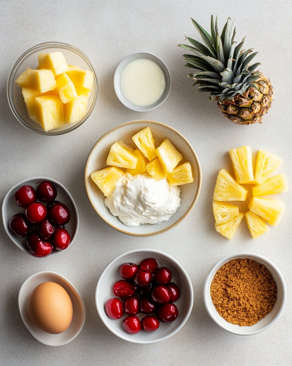 A round pineapple upside-down cheesecake is shown on a white cake stand with intricate patterns. It has three visible layers: a crumbly brown base, a thick creamy light yellow cheesecake layer in the middle, and a shiny caramelized top layer. The top layer is decorated with glossy caramelized pineapple rings and bright red cherries with stems placed on each ring around the edge. In the center, there is a small bunch of fresh green mint leaves. Some caramel sauce is dripping down the cheesecake’s sides. The background is a white marbled texture with blurred white plates stacked in the back. Photo taken with an iphone --ar 4:5 --v 7