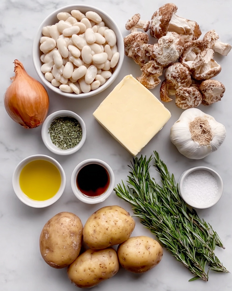A white pot filled with creamy beige soup with visible sliced light brown mushrooms and yellow potato chunks evenly mixed throughout. Small green parsley pieces are scattered on top, adding color. A wooden spoon rests in the soup on the right side, partially covered with soup, showing the smooth texture. Around the pot, on a white marbled surface, there are whole mushrooms on the upper left, a small white bowl with ground pepper and a small wooden spoon on the top right, a bundle of fresh parsley on the bottom left, and a small red bowl with pepper next to the parsley. A rust-colored cloth is partially visible at the bottom right. Photo taken with an iphone --ar 4:5 --v 7