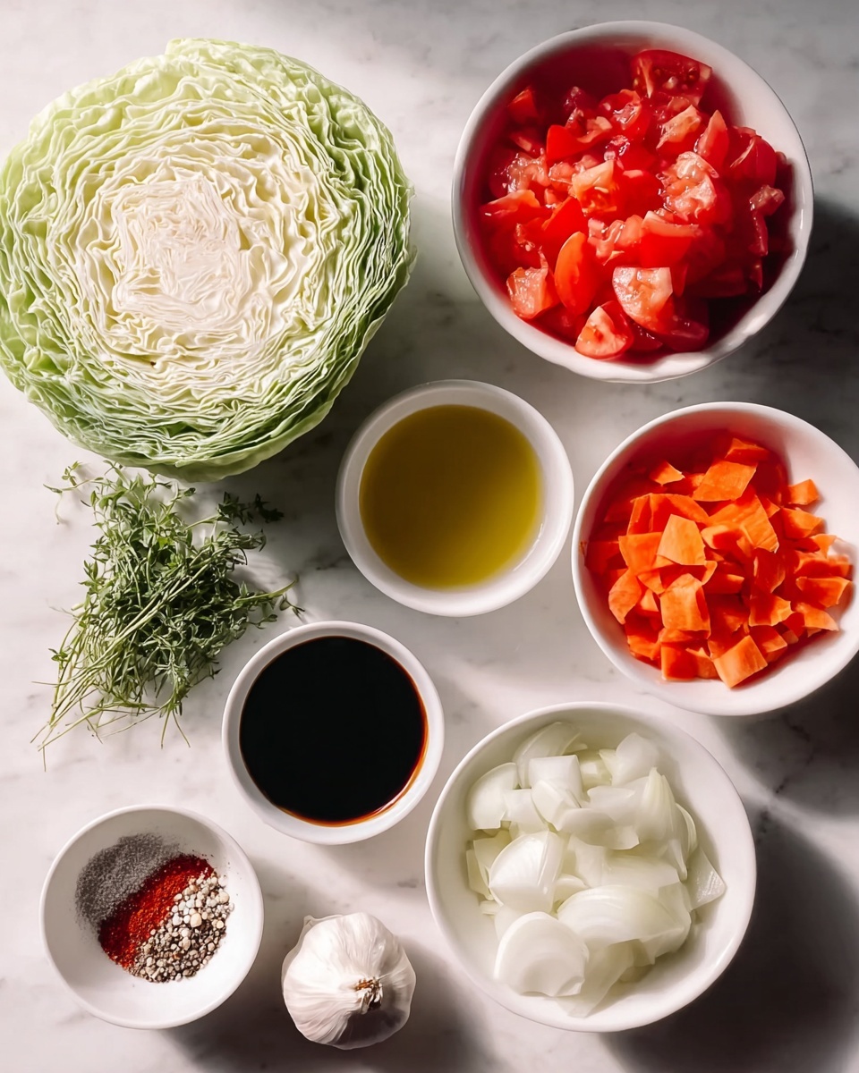 The image shows fresh ingredients arranged on a white marbled surface. On the left is a large half head of green cabbage with tight layers and a white core. Below it are a whole garlic bulb, a small bunch of fresh green herbs, and a small white bowl with golden yellow oil. In the center are two small white bowls; one contains a mix of coarse black and white pepper, salt, and crushed red chili, and the other has a dark brown soy sauce. To the right, a white bowl holds chopped bright red tomatoes with a juicy texture, and above it another white bowl holds peeled white onions and sliced orange carrot pieces. The lighting is soft and natural, showing the fresh colors and details of each ingredient. photo taken with an iphone --ar 4:5 --v 7
