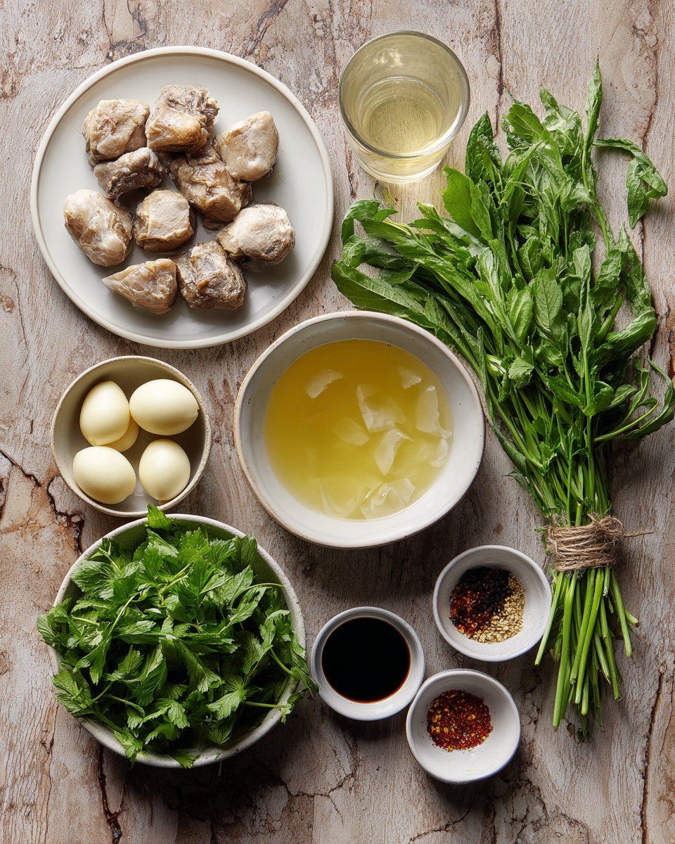 The image shows several small dishes arranged on a white marbled surface. On the top left, a white plate holds around eight pieces of pale cooked meat with a soft texture. Below, a small white bowl contains three whole peeled onions with smooth, light yellow skin. In the center, a white bowl filled with light yellow broth has some floating pieces of ginger or similar root. To the right, a bunch of fresh green herbs with long stems and leafy tops, tied with string, lay beside a clear glass with a light yellow liquid. On the bottom left, a white bowl is filled with fresh green leafy herbs. Two small white dishes on the bottom right hold dark soy sauce and a mix of coarse salt, black pepper, and chili flakes in a reddish-brown sauce. The setup looks fresh and natural, with the different textures and shades of green, yellow, and brown clearly visible. photo taken with an iphone --ar 4:5 --v 7