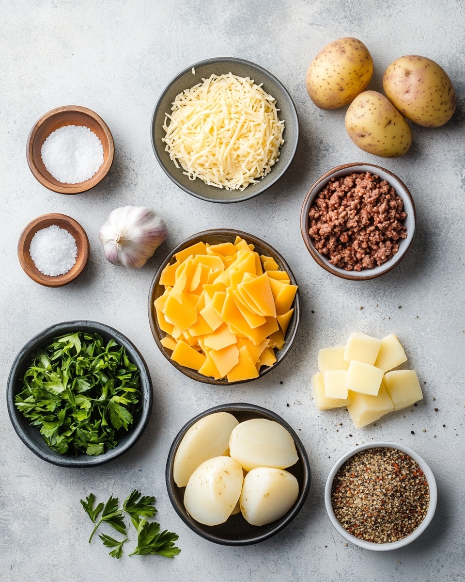 The image shows a baking dish with three visible layers. The bottom layer is a mix of cooked ground meat and small pieces of onion, having a brown and soft texture. Above it, there is a layer of sliced boiled potatoes, pale yellow in color and slightly soft. The top layer is melted cheese that is golden and bubbly, with some brown spots and sprinkled green herbs on top. A spoon is scooping a portion from the dish, revealing the layers. The dish is in a dark blue baking dish placed on a white marbled surface with a blue and white striped cloth nearby. Photo taken with an iphone --ar 4:5 --v 7