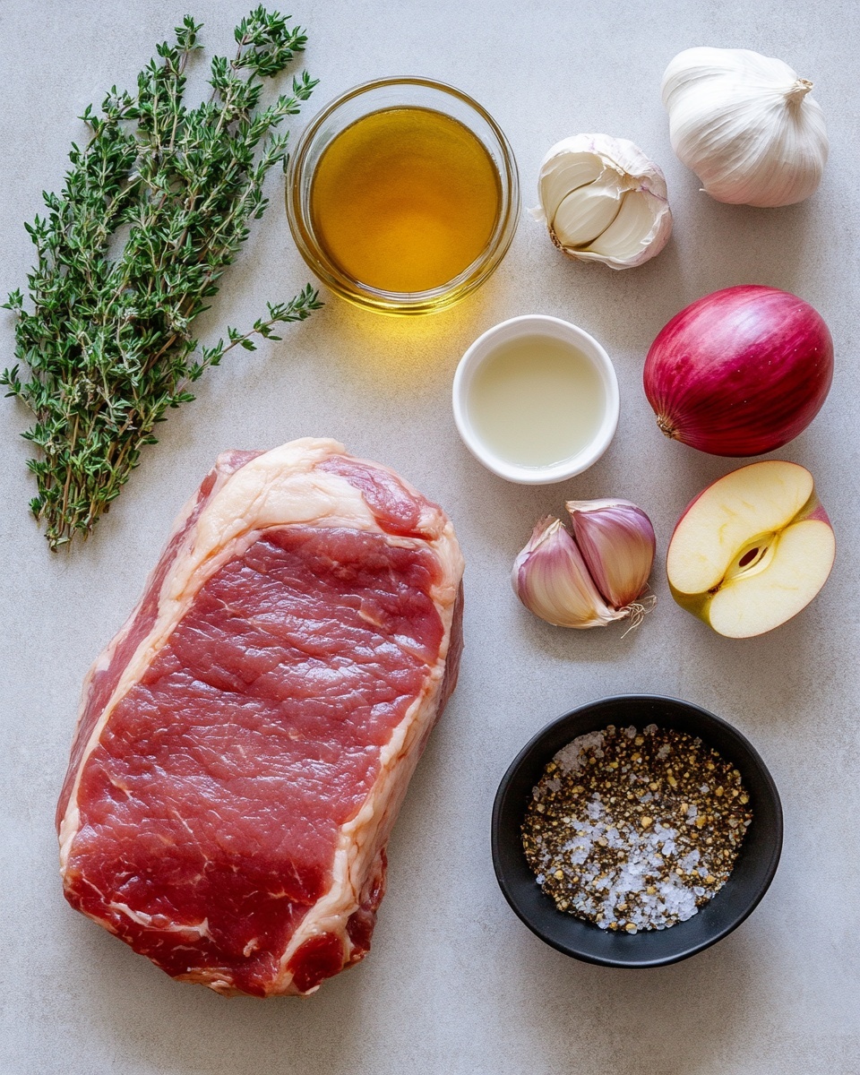 A close-up view of a brown cast iron pot filled with a creamy beige sauce, showing two large, browned pieces of cooked meat with crispy edges in the sauce. Mixed within are large yellow potato wedges and sliced purple onions, some softened and curled, scattered around the meat. The surface beneath the pot is a white marbled texture. The image has warm tones and clear textures of the cooked ingredients, appearing rich and savory. photo taken with an iphone --ar 4:5 --v 7