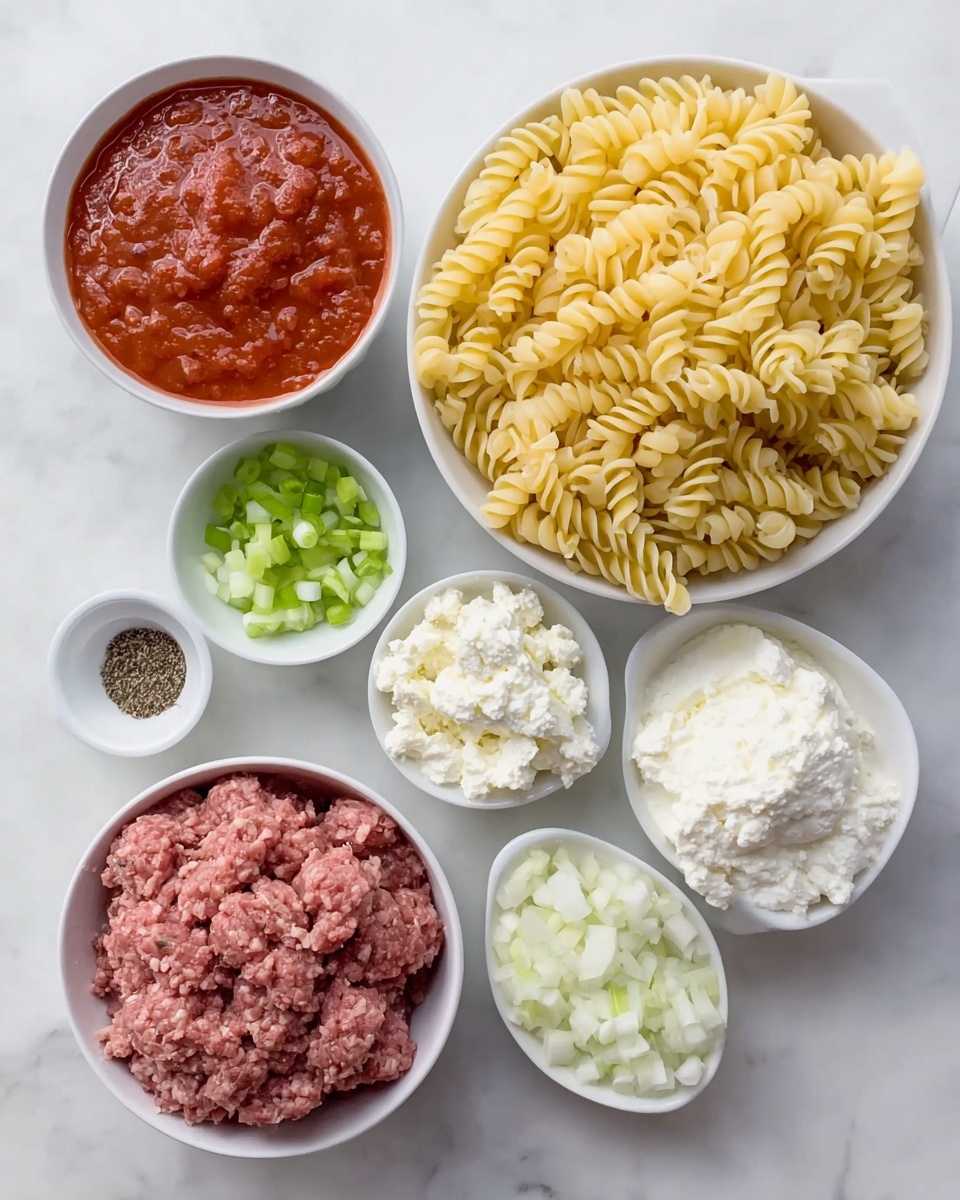 The image shows seven white bowls arranged on a white marbled surface. At the top right, a large bowl is filled with cooked spiral pasta, pale yellow in color and with a firm texture. Below it and to the right is a medium bowl with thick red tomato sauce, rich and slightly chunky. Below that is a small bowl with smooth, white ricotta cheese piled softly. On the bottom left, a medium bowl holds raw ground meat that is pink and speckled with fat. Above it, a small bowl contains small crumbled white cheese. Next to the cheese bowl is another small bowl filled with diced white onions and a small pile of black pepper. At the top left, a small bowl holds sliced green onions, showing light to medium green rings. The bowls rest on a white marbled surface, and the setup is neat and bright, capturing fresh ingredients. Photo taken with an iphone --ar 4:5 --v 7