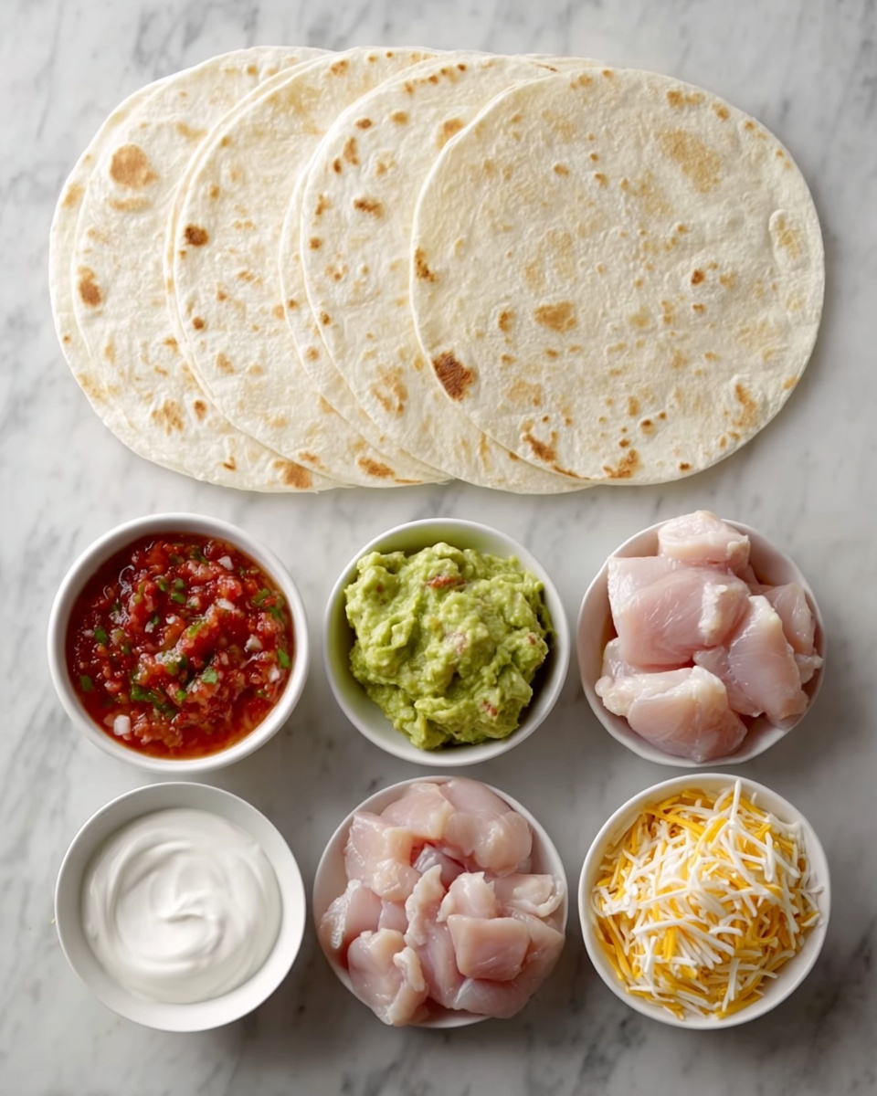The image shows a white marbled surface with six soft, round tortillas stacked slightly fanned out at the top. Below the tortillas, there are five elements arranged in two rows: on the bottom right, a neat pile of raw light pink chicken pieces; to the left of the chicken, a small white bowl of smooth white sour cream. Above the sour cream is a bowl of chunky red salsa made with visible bits of tomato, onion, and green herbs. In the center top row, a bowl of mashed green guacamole with a slightly textured surface sits next to a bowl filled with a mix of shredded white, yellow, and orange cheese. Everything is neatly arranged, sharp in detail, and lit evenly. photo taken with an iphone --ar 4:5 --v 7