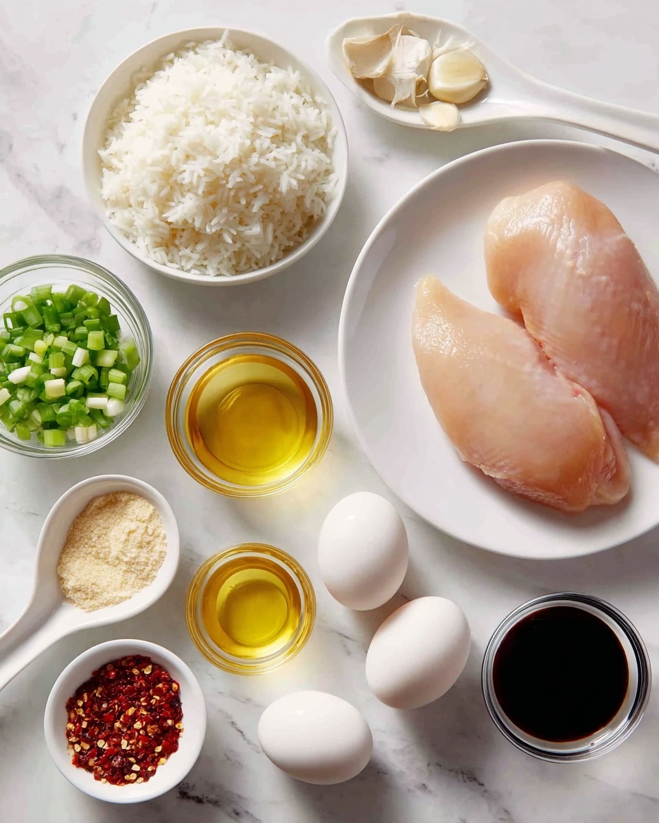 The image shows a collection of cooking ingredients neatly arranged on a white marbled surface. On a white plate to the right, there are two pieces of raw chicken and two whole eggs placed next to them. Surrounding the plate, there are small white bowls and a white spoon. One bowl contains cooked white rice, another holds chopped green onions, and a third has peeled garlic cloves. A small bowl carries a light beige powder. Two clear glass bowls hold golden yellow liquids, likely oils or vinegar. Nearby, a white spoon is filled with crushed red chili flakes. Finally, there is a small white bowl with a dark soy-like sauce. Photo taken with an iphone --ar 4:5 --v 7