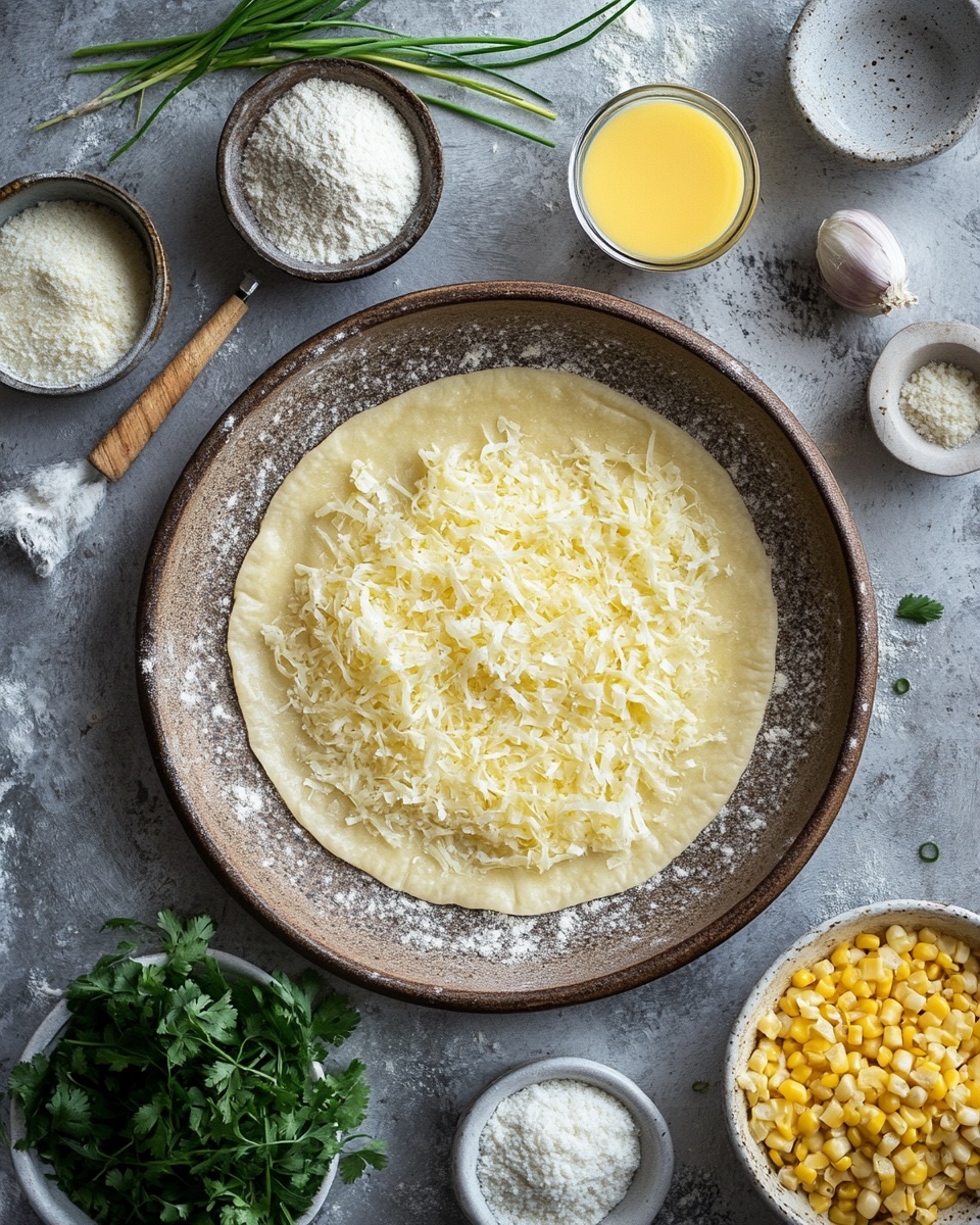 The image shows three tacos placed side by side on a wooden plate. Each taco has a lightly toasted yellow corn tortilla folded in half, with a textured surface showing small char marks. Inside, there are two main layers: the bottom layer is shredded light-colored chicken mixed with small yellow corn kernels, and on top, melted white cheese covers the filling, blending slightly with the chicken and corn. Small bits of green herbs are sprinkled over the cheese for a touch of color. The plate sits on a yellow and white checkered cloth, all set against a white marbled textured background. photo taken with an iphone --ar 4:5 --v 7