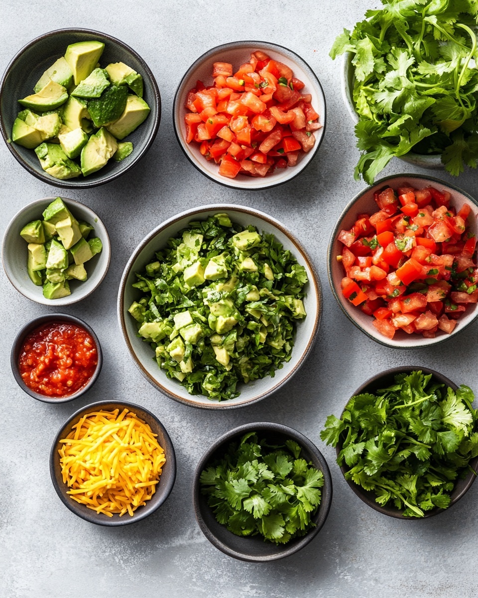 The image shows two soft flour tortillas filled with shredded cooked chicken mixed with small pieces of red tomatoes, topped with melted yellow cheese sauce and garnished with small green cilantro leaves. The two tacos are placed side by side on a white marbled surface. To the left side of the tacos, there is a white bowl filled with fresh green lettuce leaves. In the blurred background, a glass bowl with light-colored tortilla chips and some green cilantro leaves are visible. The overall scene looks fresh and colorful. photo taken with an iphone --ar 4:5 --v 7