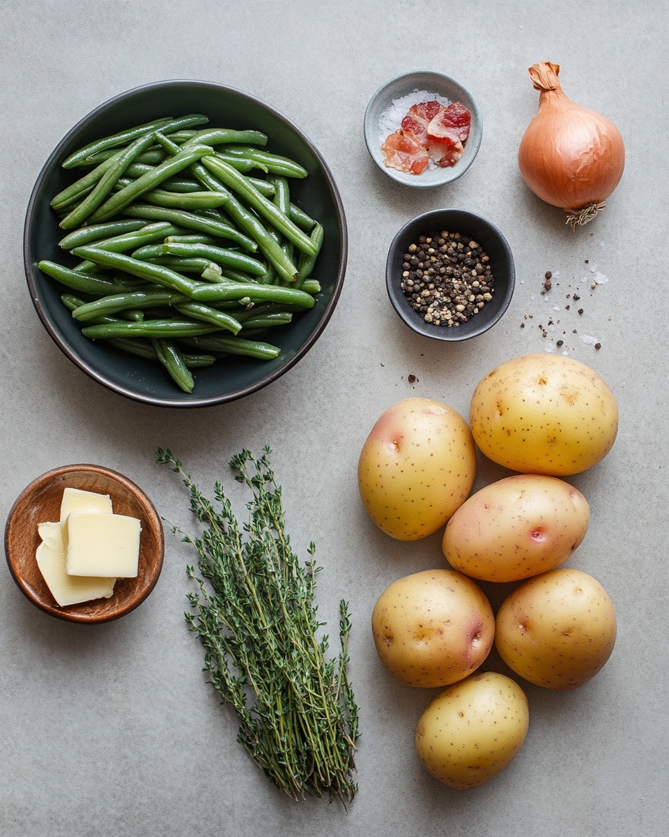 A white oval dish filled with a mix of green beans and halved yellow baby potatoes. The green beans are bright and fresh, laying in various directions, while the potato pieces have a soft, smooth texture with a light sheen. Scattered on top are crispy, small pieces of browned bacon, adding a reddish-brown color and crunchy texture contrast over the vegetables. The dish appears lightly coated with a glossy sauce. The setting is on a white marbled surface with a beige-striped cloth partially under the dish. photo taken with an iphone --ar 4:5 --v 7