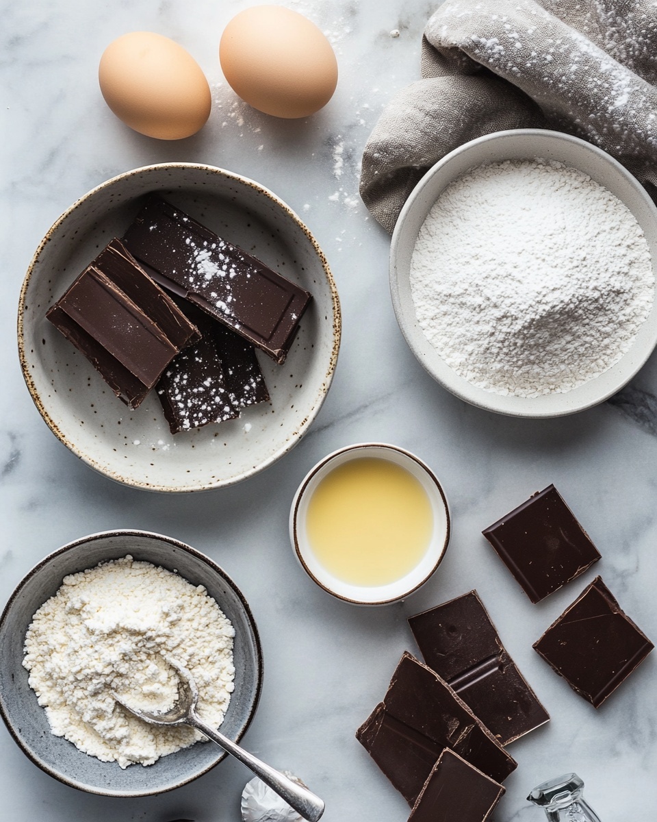 The image shows two chocolate cookies stacked, each cookie with a light brown, slightly cracked texture and glossy chocolate coating dripping slightly over the edges on top. In front, a third cookie, also with a shiny chocolate layer, is broken in half and leaning against the stack, showing a moist and dense interior. More similarly coated cookies lie in the blurred background on a parchment paper surface, alongside a green and white cloth on the left side. The whole scene is on a white marbled texture surface photo taken with an iphone --ar 4:5 --v 7