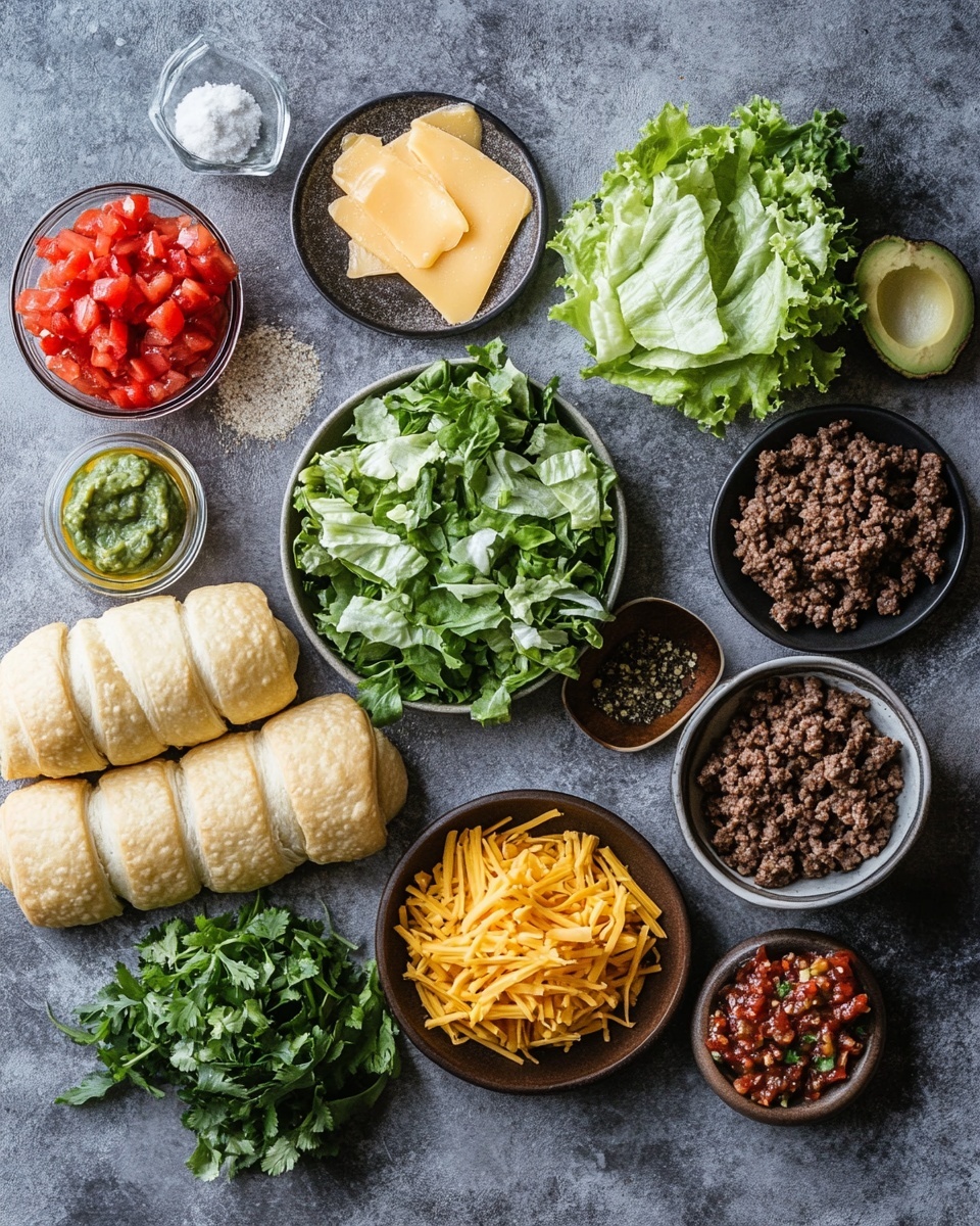 A ring of crescent roll dough wraps around a dark brown meat and cheese filling, with each piece sprinkled with small green herb bits, placed on a dish with a white marbled texture underneath. In the center, a tight, round white bowl holds two layers of dips: the bottom half is a chunky green guacamole, and the top half is a bright red salsa made from diced tomatoes and herbs. In the background, a bright orange cloth with a bottle of golden oil and a halved lemon sit blurred, adding warm tones to the image. photo taken with an iphone --ar 4:5 --v 7