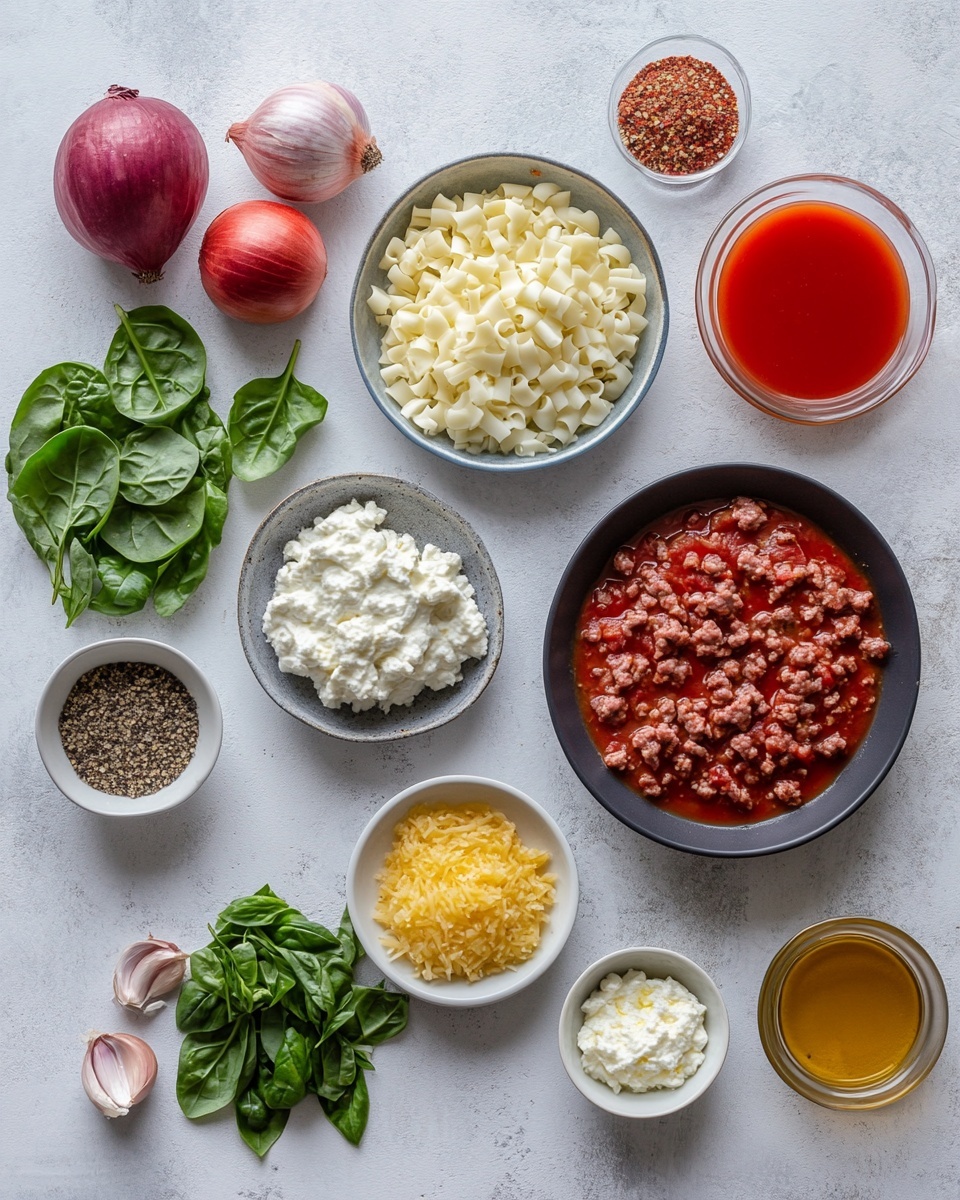 A white bowl filled with thick, red-orange lasagna soup that has visible layers of wavy lasagna noodles at the bottom, a rich tomato and meat sauce layer in the middle with small bits of ground meat, and a melted cheese layer mixed on top. A silver spoon is lifting a piece of the lasagna noodle mixed with meat sauce and melted cheese from the bowl. There is a small green basil leaf garnish resting on the edge of the soup. The bowl is placed on a white marbled surface with a soft gray and white cloth visible in the background. Photo taken with an iphone --ar 4:5 --v 7