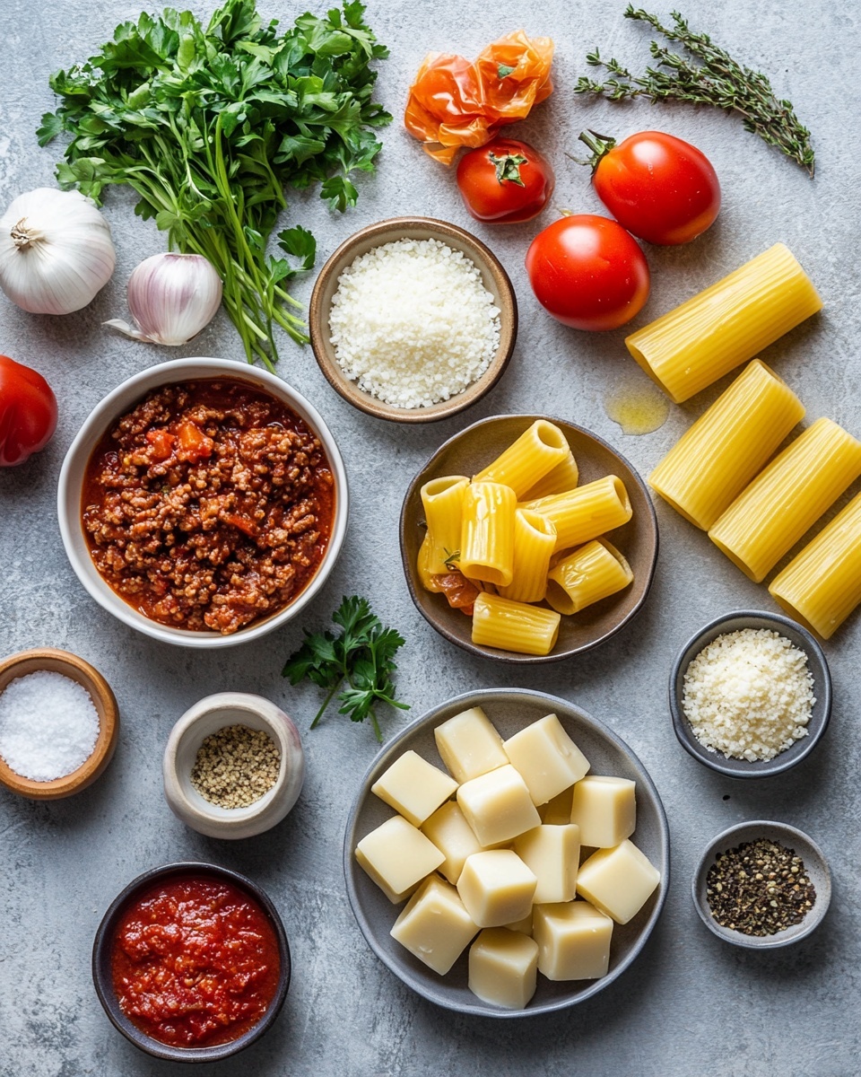 A white plate holds a stack of five rigatoni pasta tubes filled with a rich brown meat sauce. The pasta tubes are layered in two rows, three on the bottom and two on top, with melted white cheese draped over the top two tubes, sprinkled with green herbs. The sauce looks thick and slightly oily, covering some parts of the pasta, and some meat sauce spills out between the tubes onto the plate. The background is a white marbled surface, and the focus is close up, showing the texture of the pasta and meat clearly. Photo taken with an iphone --ar 4:5 --v 7