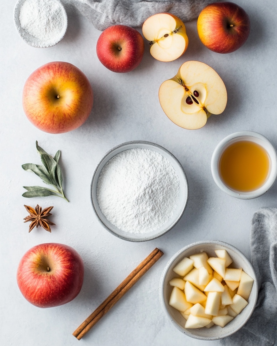 The image shows a white plate filled with seven round, golden brown fried apple fritters, each with a rough, crunchy texture. The fritters are coated in a glossy honey-colored syrup that drips down their sides, pooling on the plate. One fritter is broken open, revealing soft, light beige apple pieces inside. The plate rests on a dark wooden tray placed on a white marbled surface. In the background, there are two red apples and another plate with more fritters, softly out of focus. Photo taken with an iphone --ar 4:5 --v 7