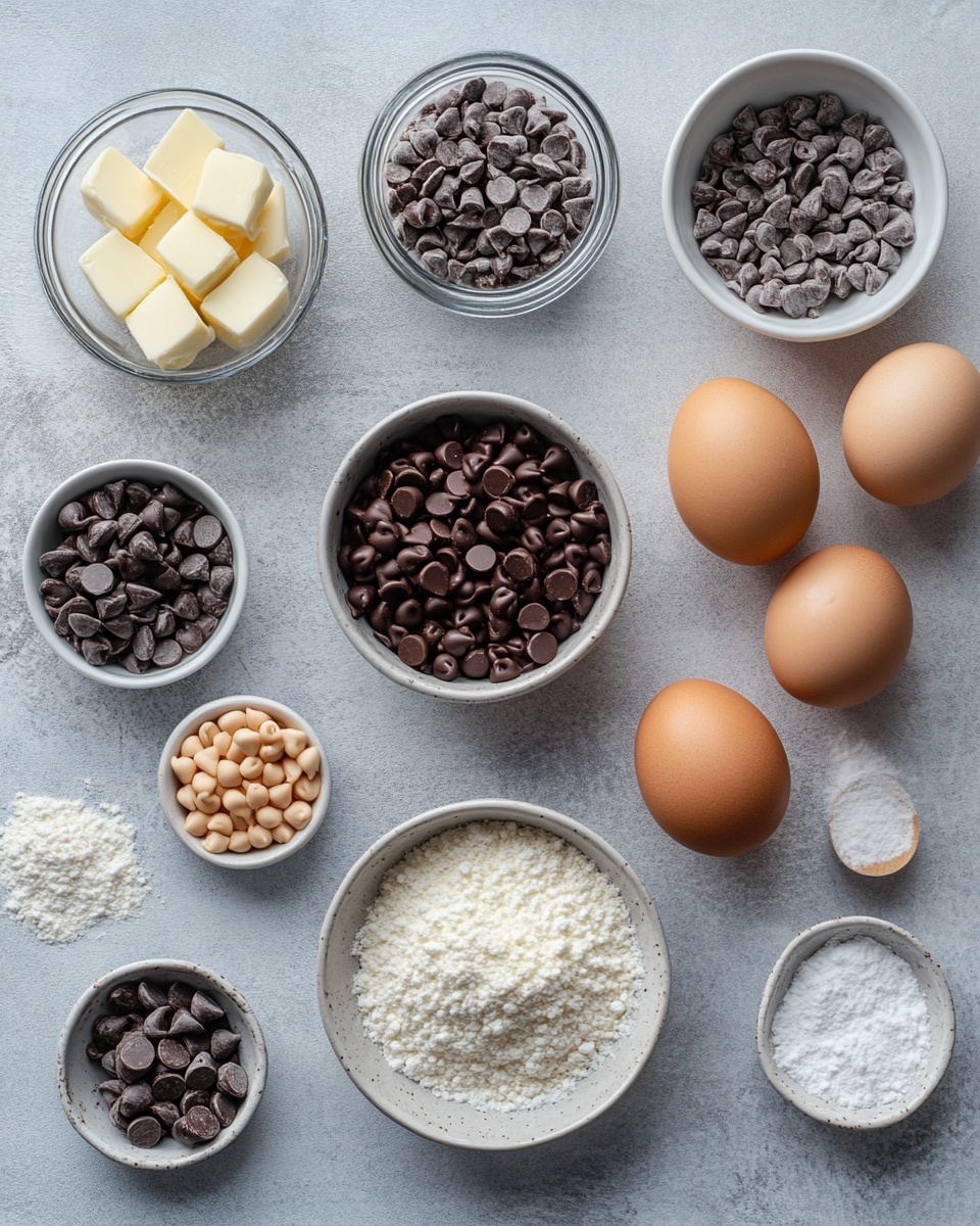 Two square brownies are stacked on a white plate, each showing two layers: a bottom dark brown chocolate layer with a moist, dense texture, and a top lighter cream-colored cheesecake layer with a swirled pattern blending into the chocolate beneath. The top brownie has several glossy dark brown chocolate chips scattered on it. A fork beside the plate holds a small bite-sized piece of the brownie, showing the two layers clearly. The plate sits on a soft gray cloth over a white marbled surface with some scattered chocolate chips around. Photo taken with an iphone --ar 4:5 --v 7