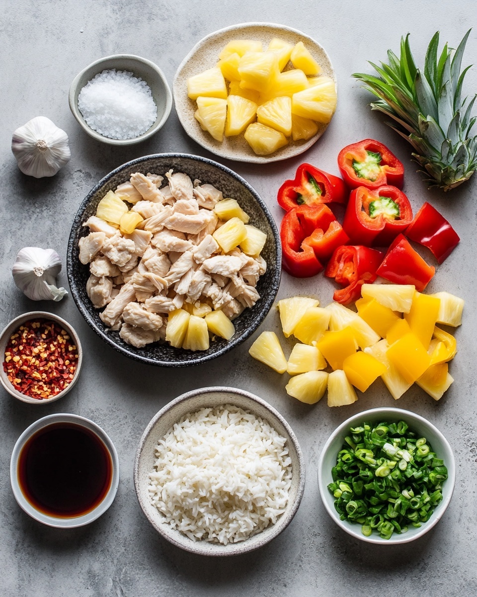 The image shows nine bright yellow peppers, each hollowed out and stuffed with a bottom layer of cooked rice that is light beige with small black specks, and topped with grilled golden pineapple chunks that have charred brown marks, adding texture and color contrast. Small green parsley leaves are scattered on top of each pepper, adding a fresh pop of color. The peppers are arranged closely on a dark baking tray set on a white marbled surface. The lighting highlights the glossy skin of the peppers and the slightly crispy edges of the pineapple. Photo taken with an iphone --ar 4:5 --v 7