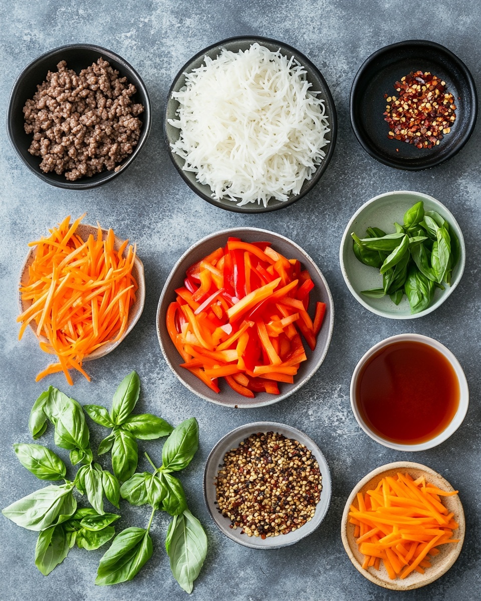 This image shows five golden brown spring rolls with a crispy texture, arranged in a slightly diagonal line on a white plate partly covered by green lettuce leaves. The top spring roll is cut open, showing a dark, shredded filling mixed with small pieces of green onions. Around the spring rolls are chopped green onion bits and bright red sliced chili peppers near fresh basil leaves. Two small bowls with dark, speckled dipping sauce are in the top left corner of a rustic wooden tray holding the plate. Two wedges of lime rest on the bottom right side of the plate. The background is a white marbled texture. photo taken with an iphone --ar 4:5 --v 7