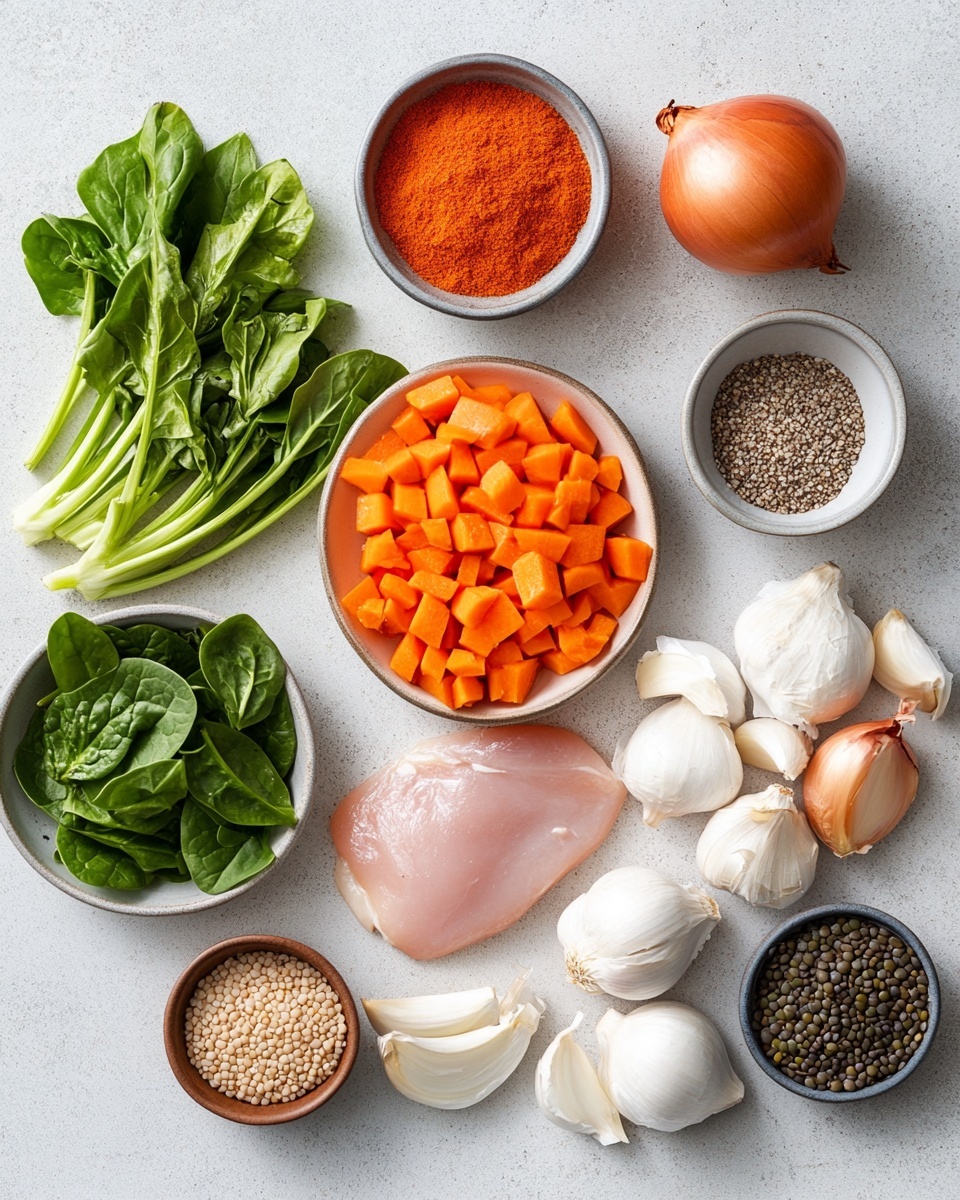 A close-up view of a copper pot filled with cooked lentil soup showing a thick layer of green lentils and pieces of soft, cooked chicken spread evenly throughout. Bright green spinach leaves and small diced orange carrots and red tomatoes float in the golden-brown broth. The pot sits on a soft beige cloth on a white marbled surface with a small glass bowl of dry yellow lentils visible in the top right corner. Photo taken with an iphone --ar 4:5 --v 7