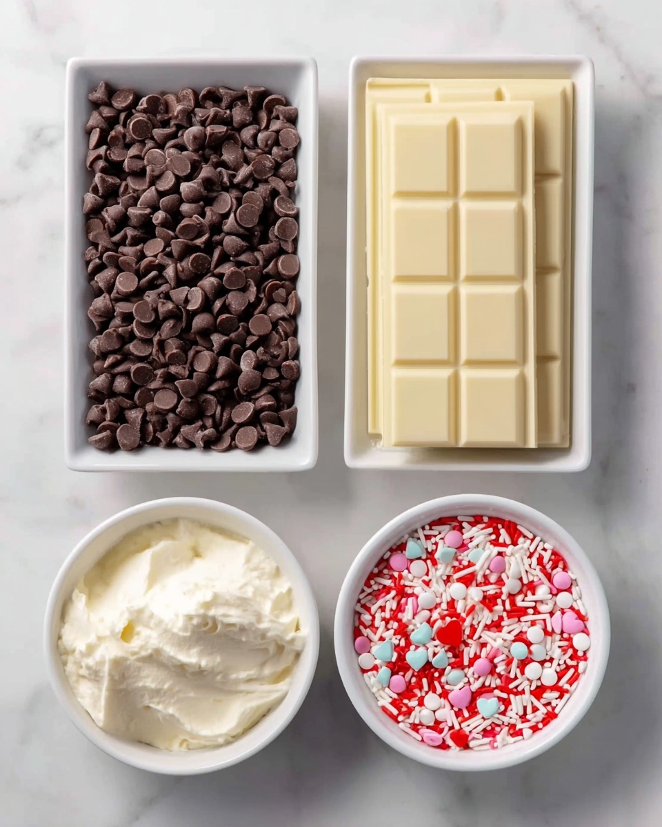 The image shows four white dishes arranged in a square on a white marbled surface. The top left dish is rectangular and filled with dark brown chocolate chips, each piece having a smooth, rounded texture. The top right rectangular dish contains a white chocolate bar with clear, raised square segments stacked neatly. Below them, the bottom left round dish holds a creamy off-white whipped substance with a fluffy texture. The bottom right round dish is filled with bright, colorful sprinkles including red, white, pink, yellow, and blue shapes like small rods, hearts, and circles, creating a vibrant contrast. Photo taken with an iphone --ar 4:5 --v 7